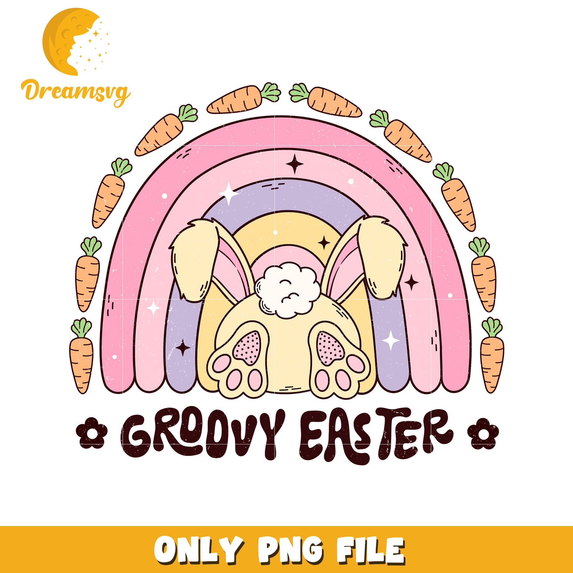 Groovy Easter Bunny Design with Carrots and Rainbow PNG