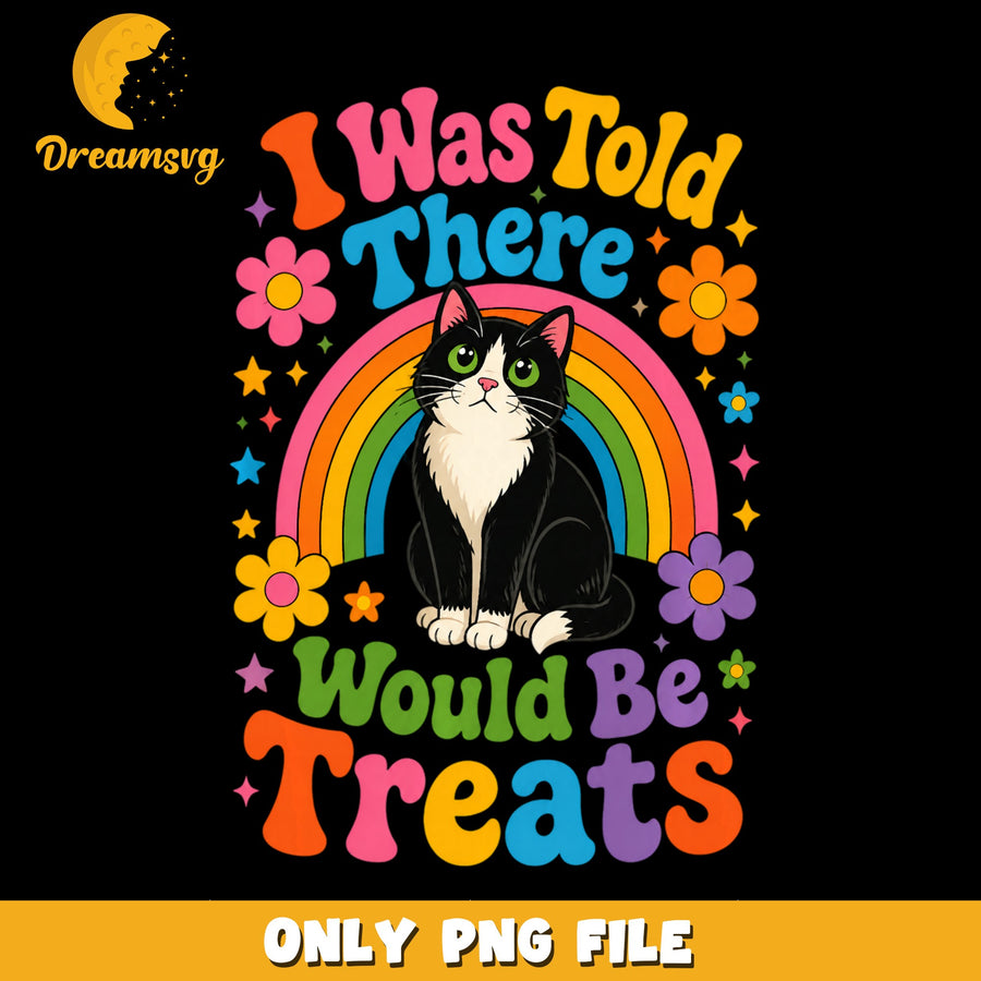 Groovy Tuxedo Cat Rainbow Treats PNG, Funny Cat Quote, Retro PNG