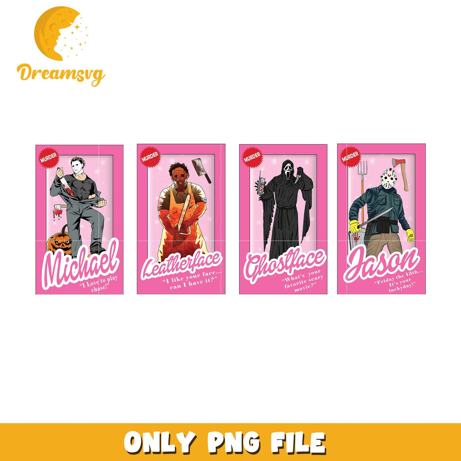 Horror card pink design bundle png, horror characters png