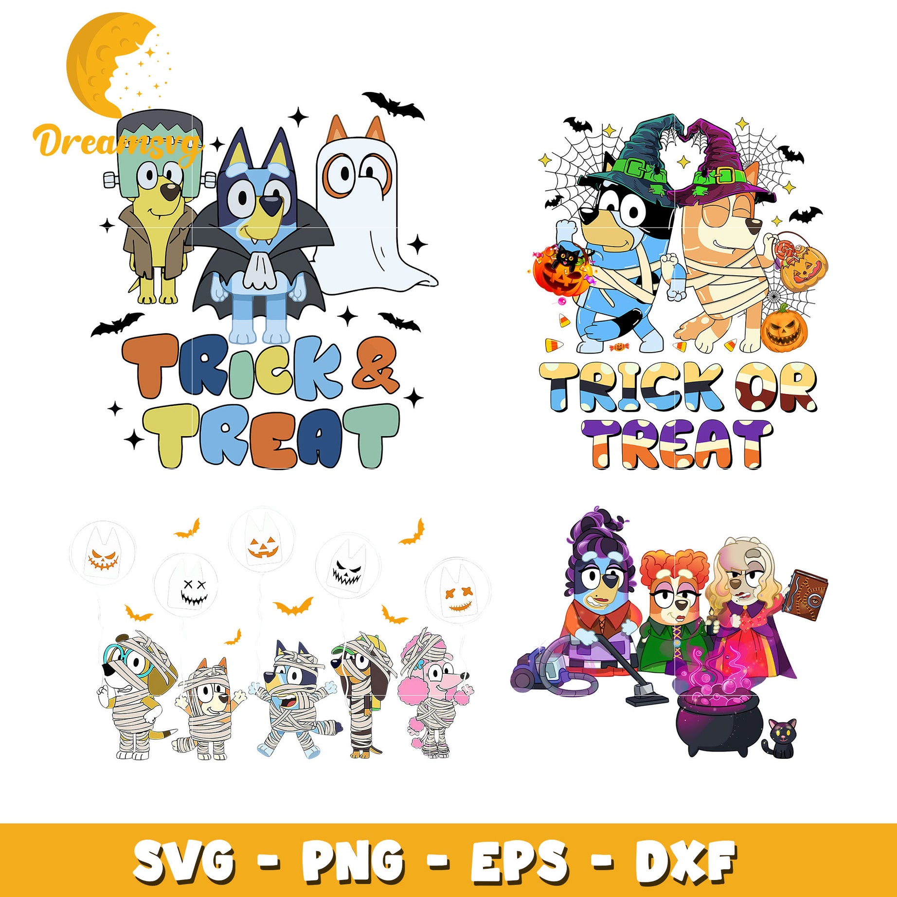 Bluey trick or treat design bundle svg, bluey halloween​ svg