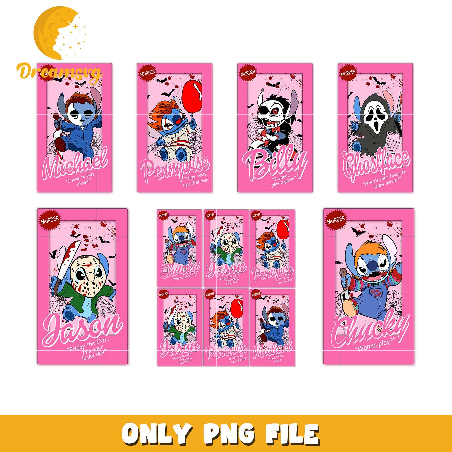 Stitch horror card pink halloween bundle png, stitch horror movie​ png