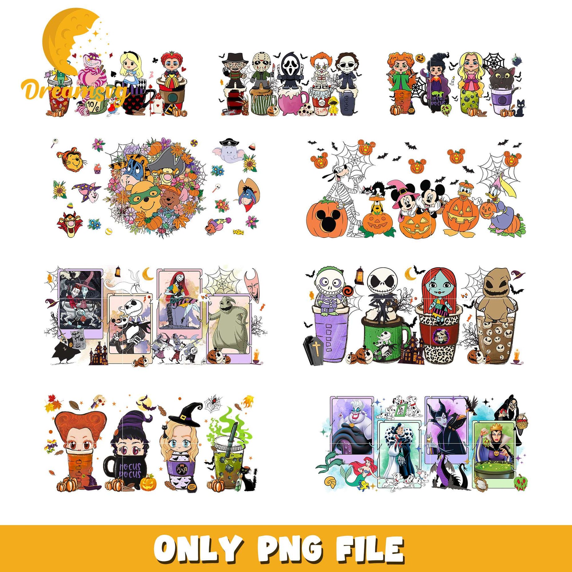 Chibi horror coffee halloween bundle design png, jack skellington​ png