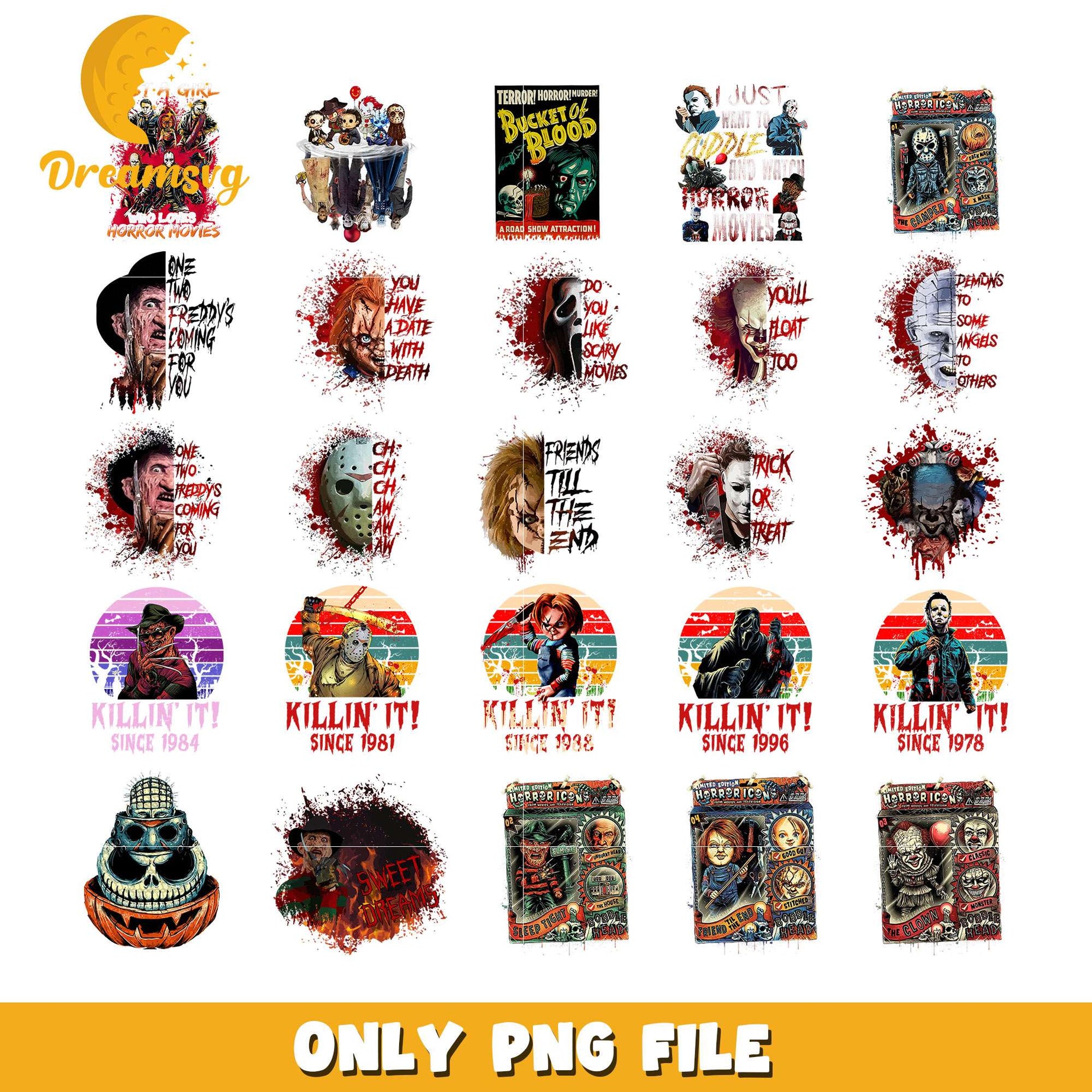 Horror killin it since halloween bundle design png, faces of horror​ png