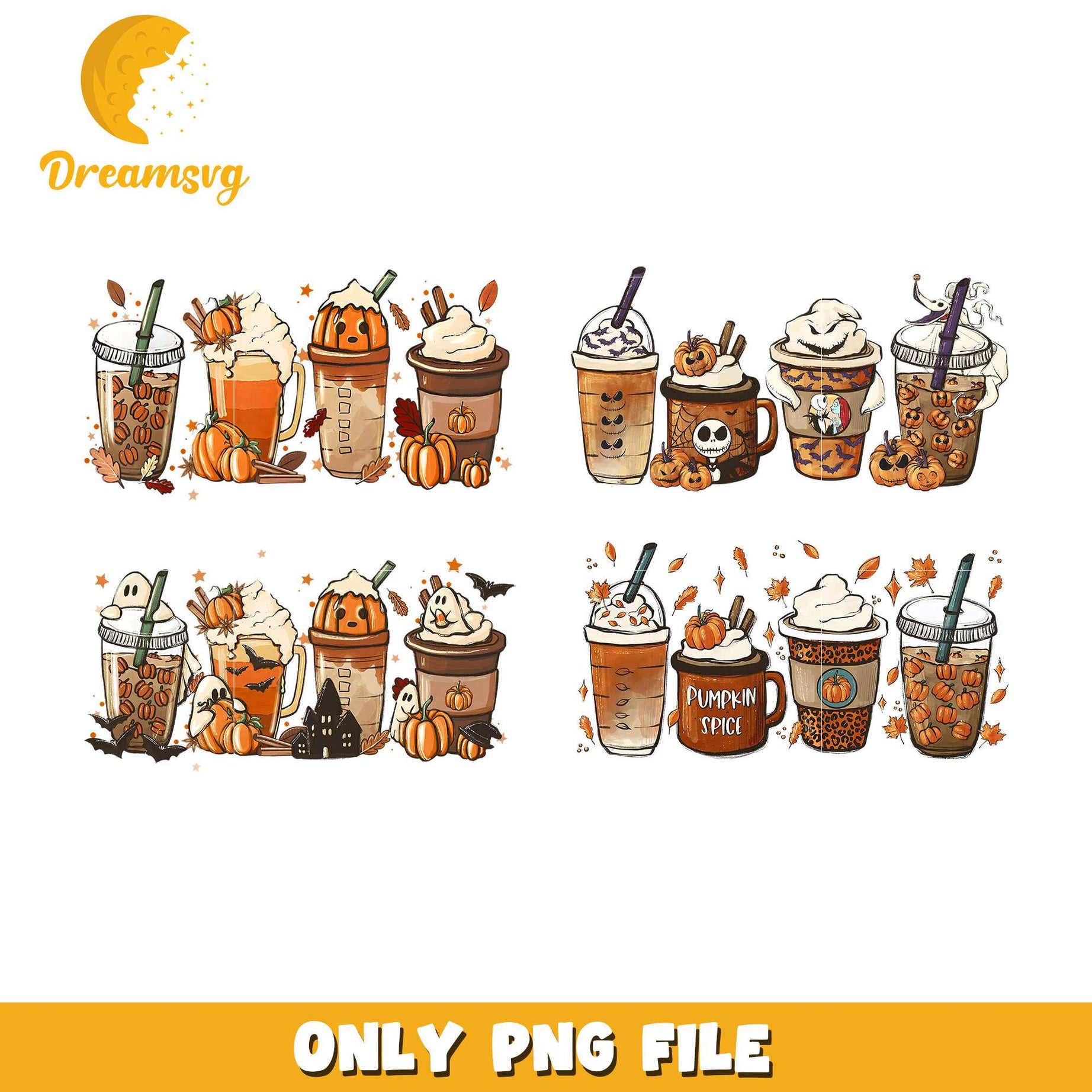 Coffee halloween bundle design png, coffee cup halloween png