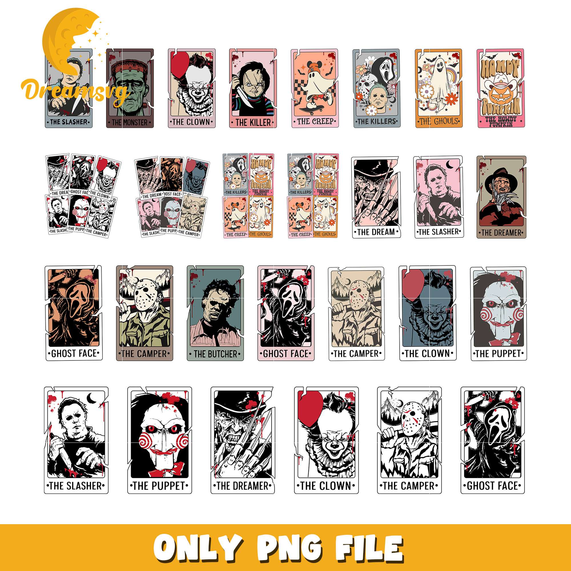 Halloween horror characters tarot card bundle png, horror characters png