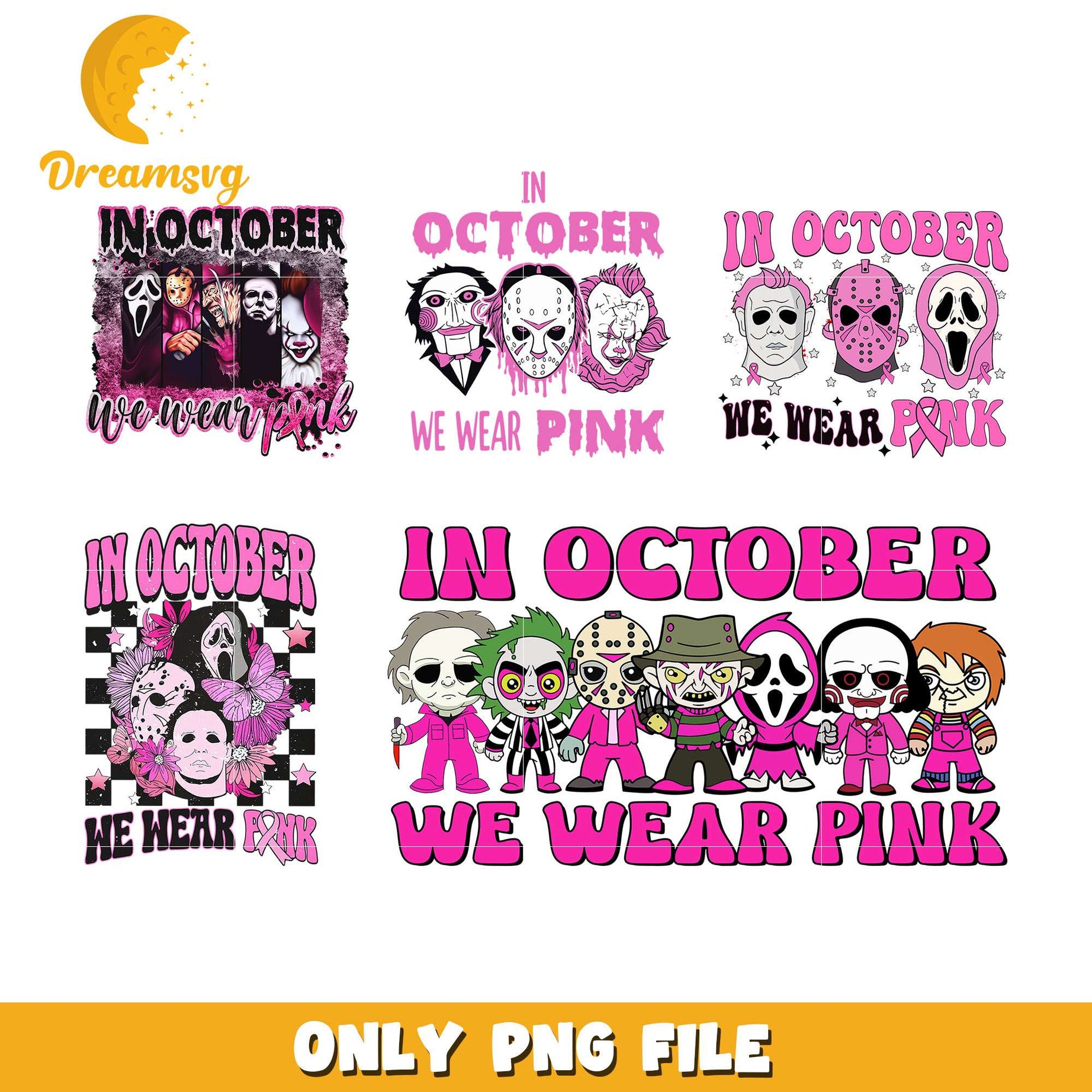 Horror in october we wear pink bundle png, horror face​ png