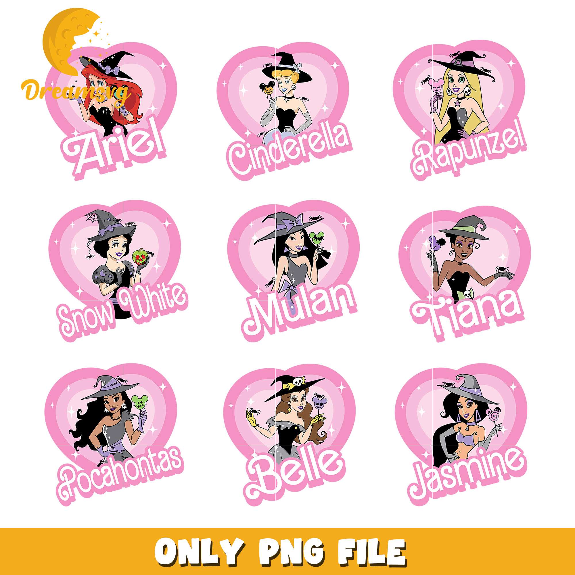 Disney princess barbie pink bundle png, disney princess halloween png