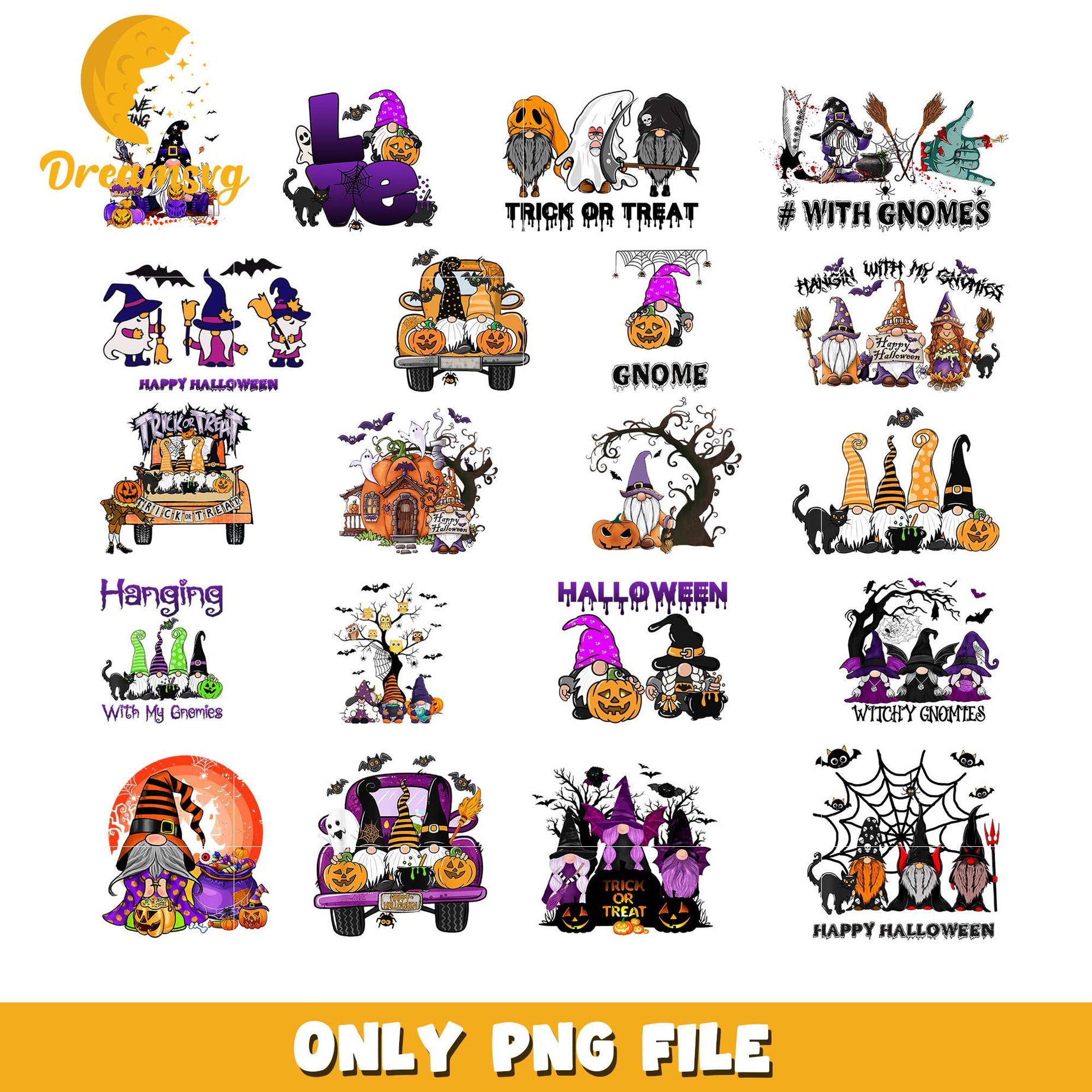 Halloween gnome trick or treat bundle design png, gnome halloween​ png