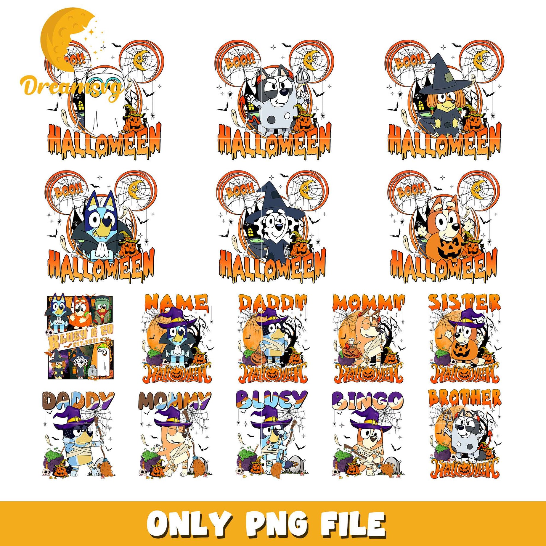 Bluey characters mickey ears halloween bundle png, bluey halloween png