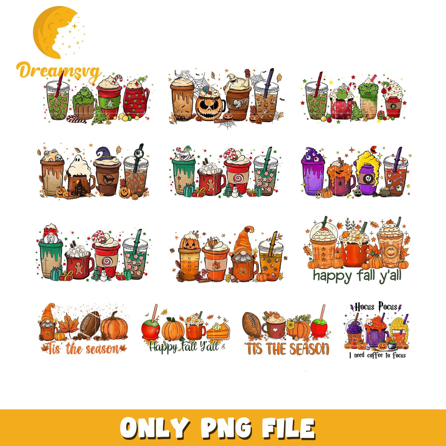 Halloween coffee cup bundle design png, coffee halloween​ png