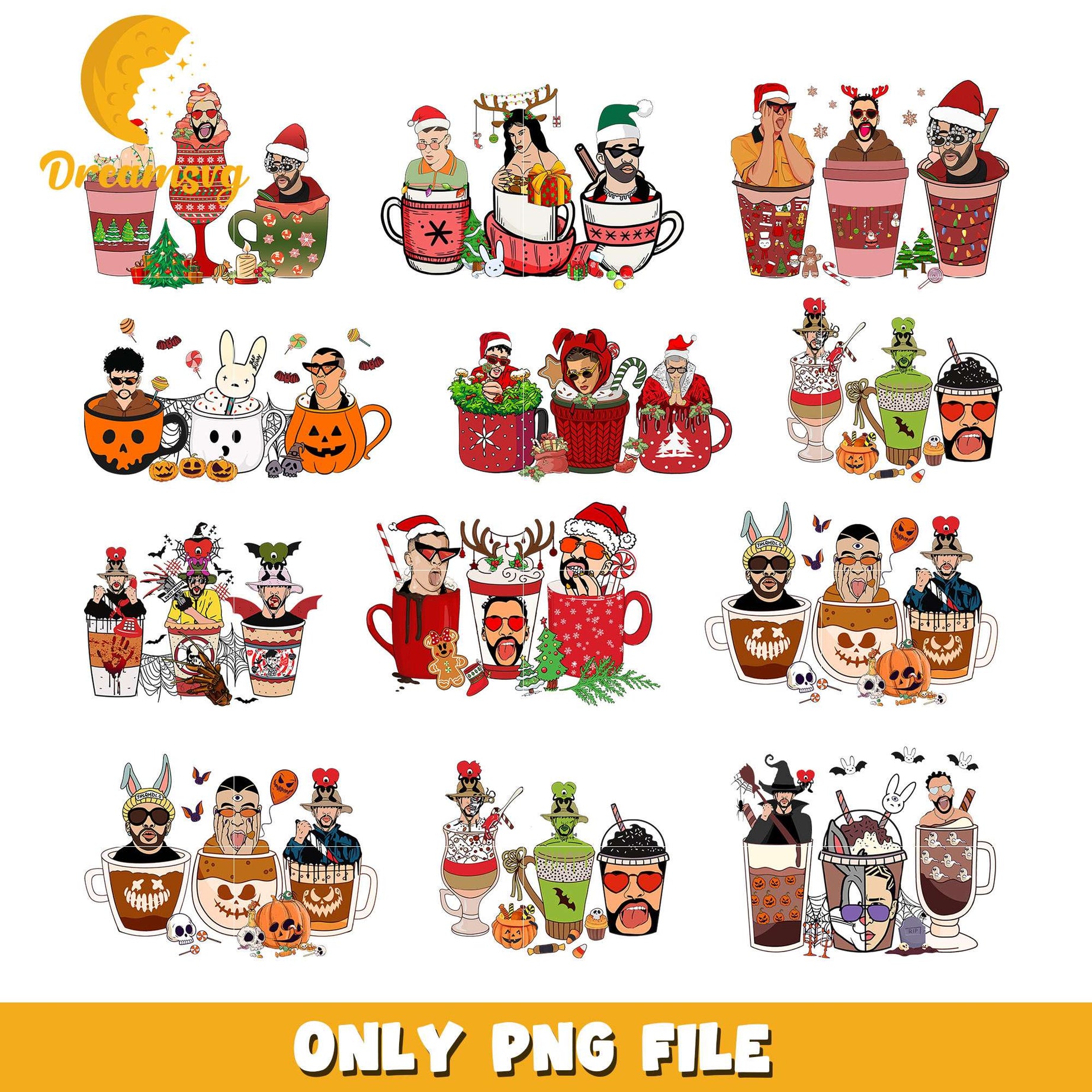 Halloween coffee cup bad bunny design bundle png, bad bunny halloween​ png