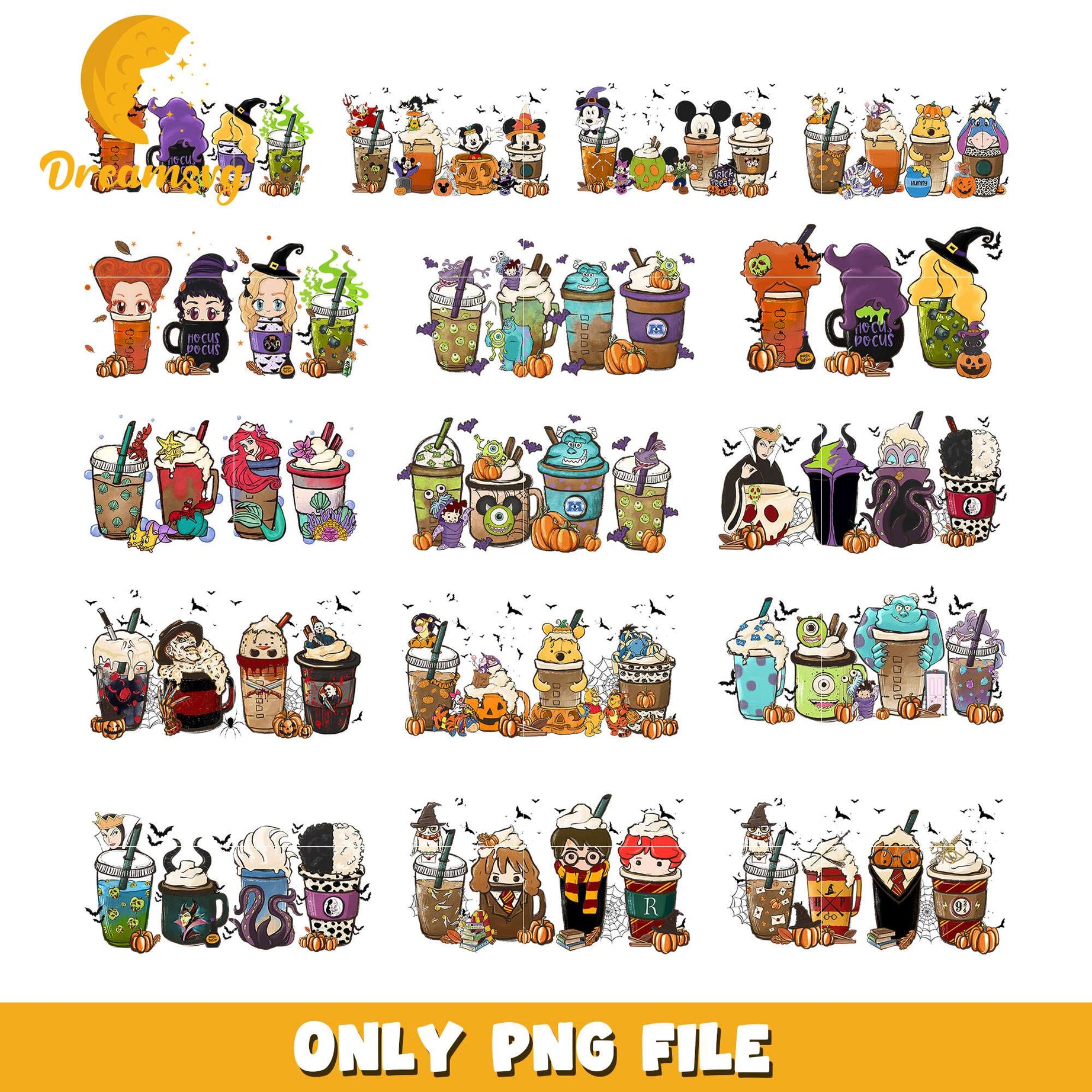 Halloween coffee cup disney design bundle png, disney halloween png