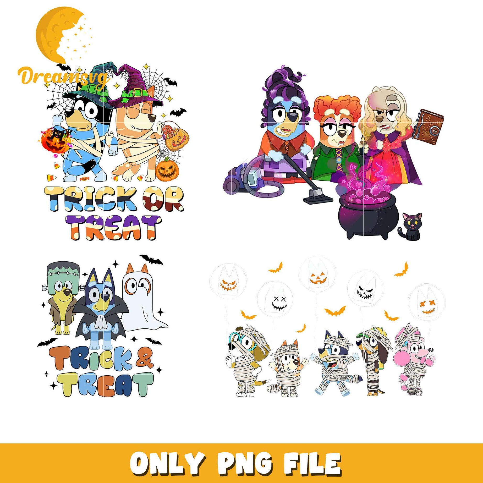 Bluey friends trick or treat halloween bundle png, bluey halloween png