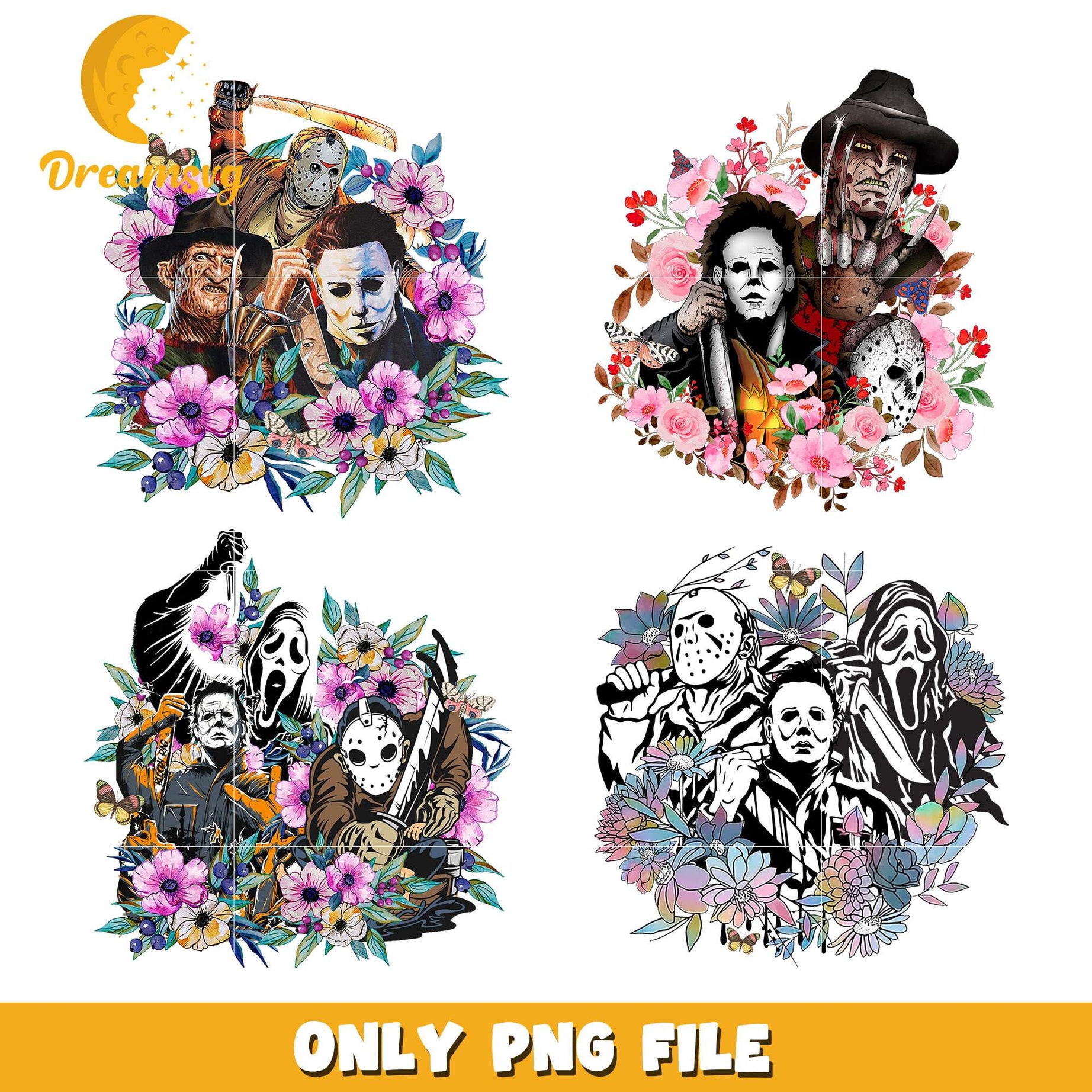 Floral horror characters halloween bundle png, horror friends png