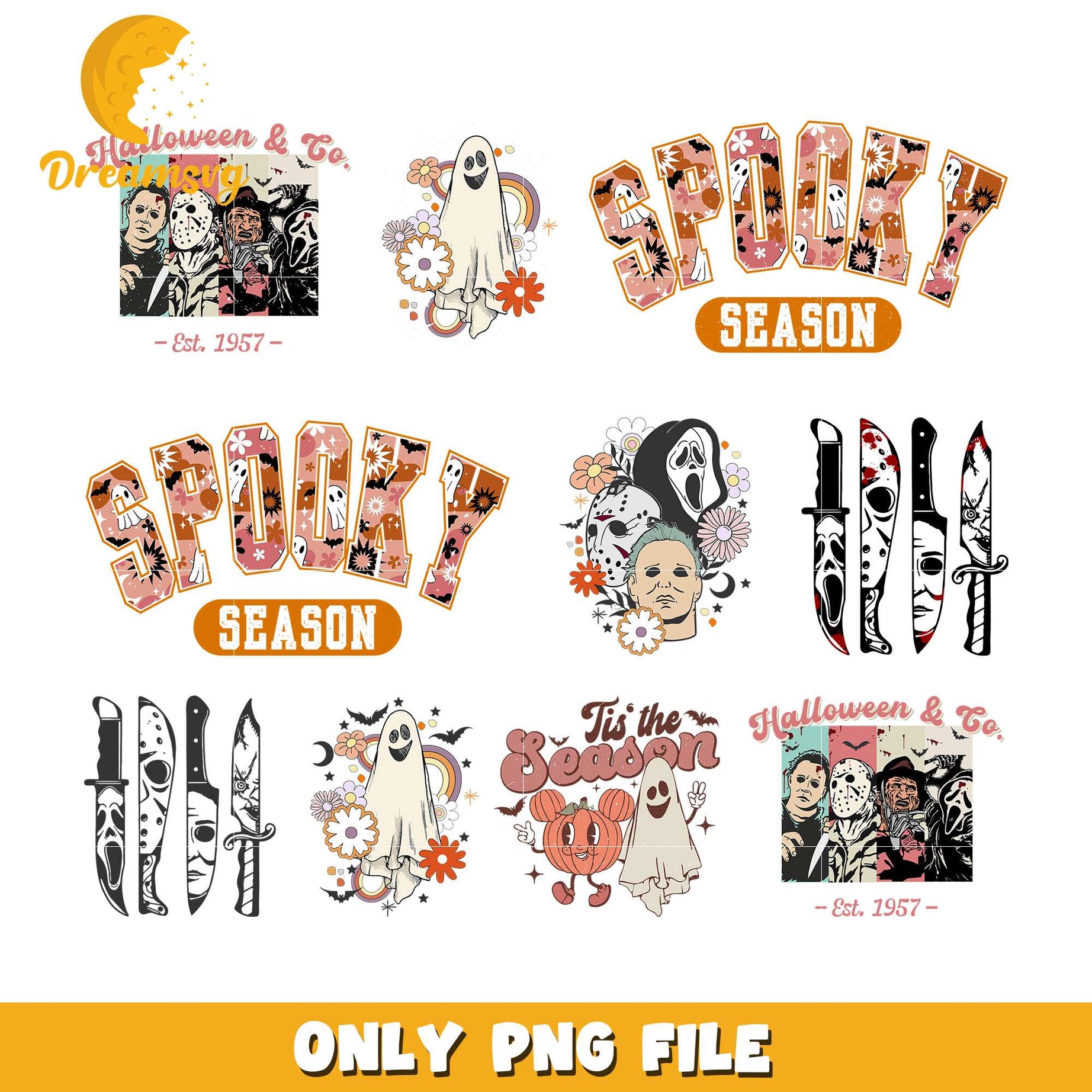 Horror spooky season halloween design bundle png, faces of horror​ png