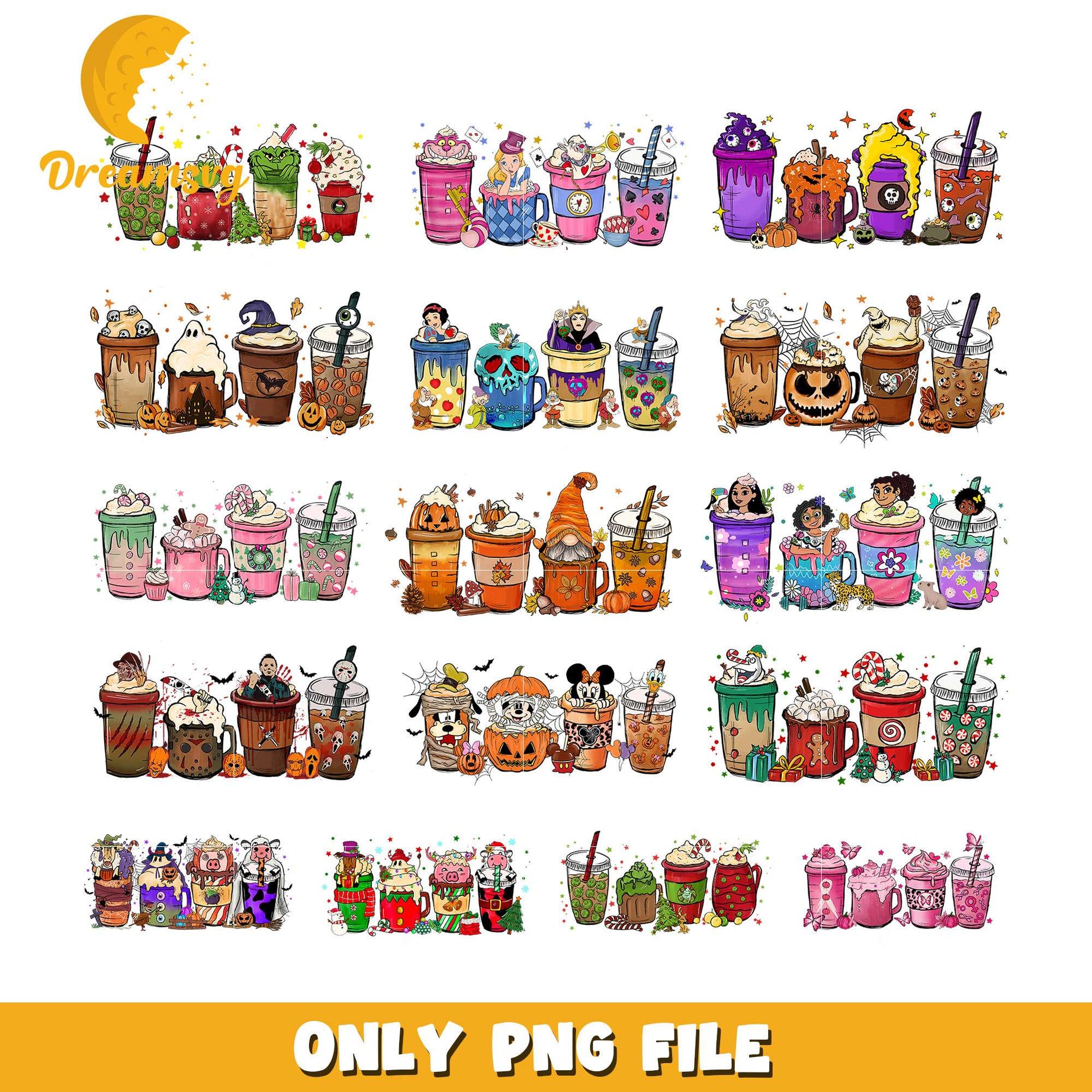 Halloween coffee cup disney design bundle png, halloween coffee png