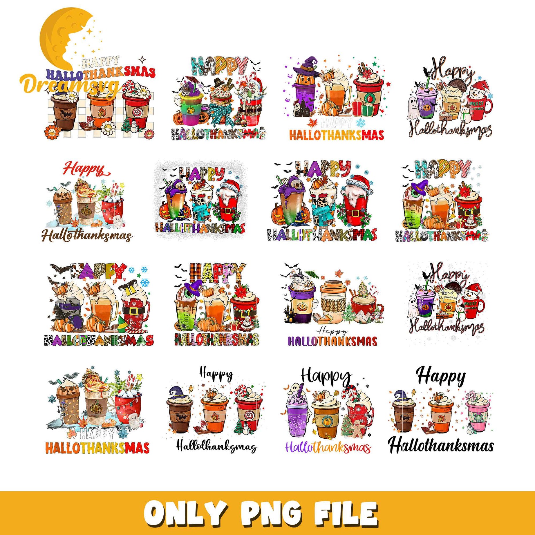 Happy hallothanksmas coffee cup design bundle png, hallothanksmas png