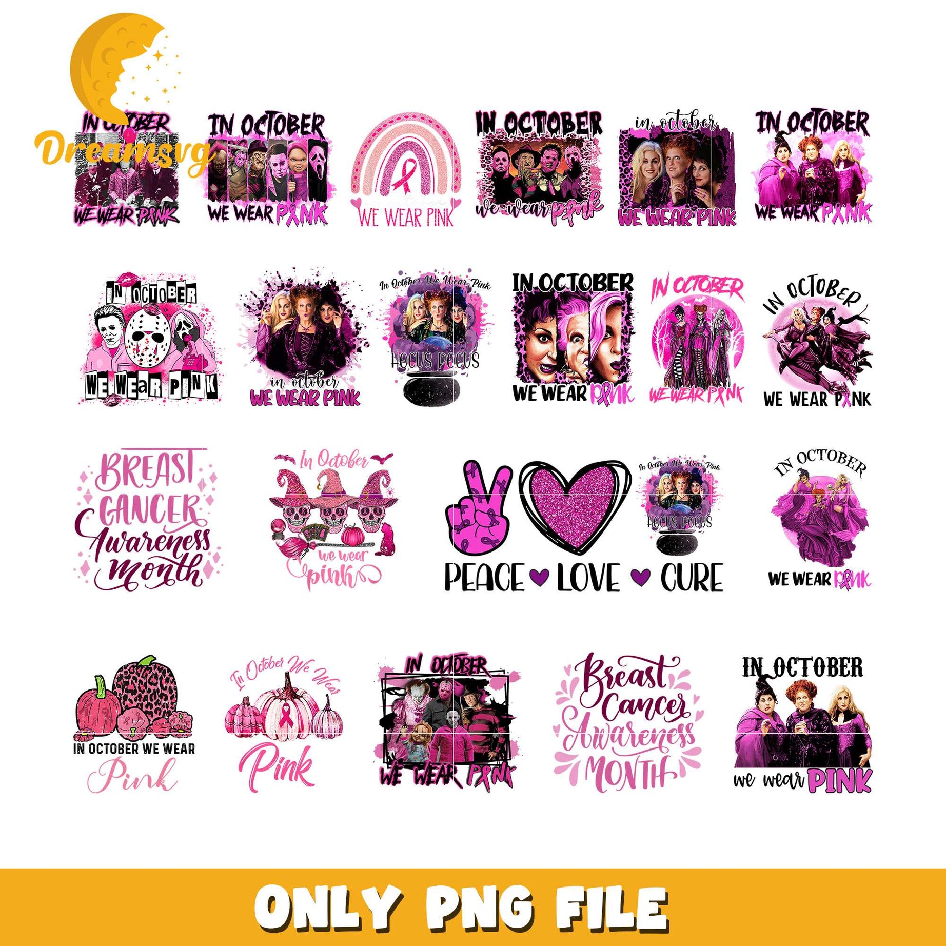 Horror in october we wear pink design bundle png, horror characters png