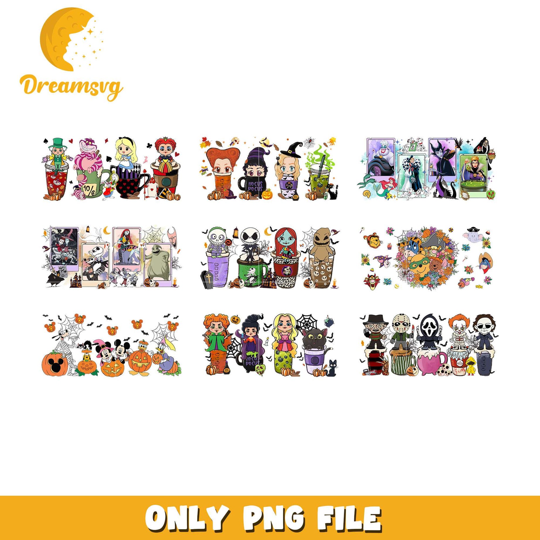 Members disney coffee halloween design bundle png, disney halloween png