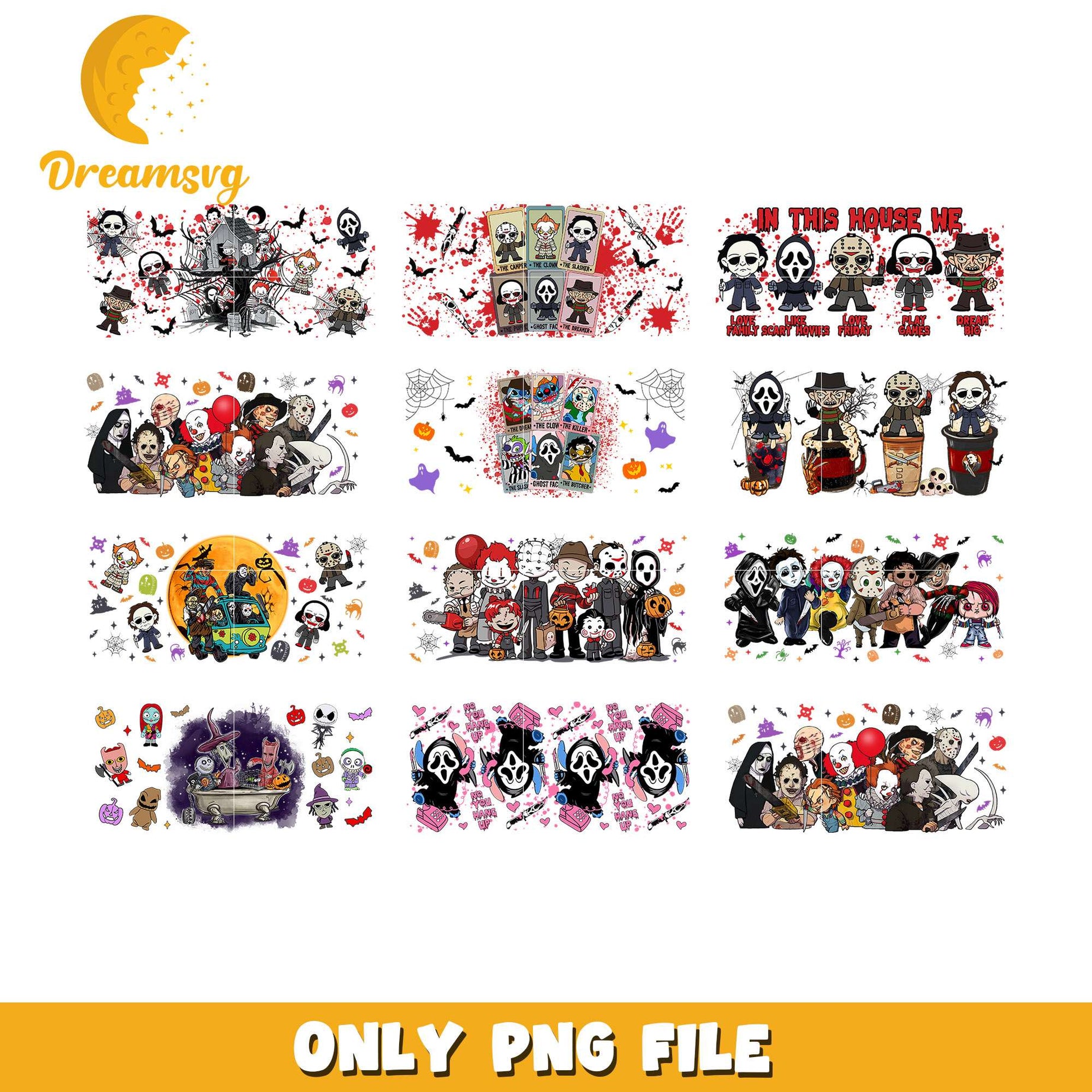 Chibi horror movie glass wrap halloween bundle png, halloween horror​ png