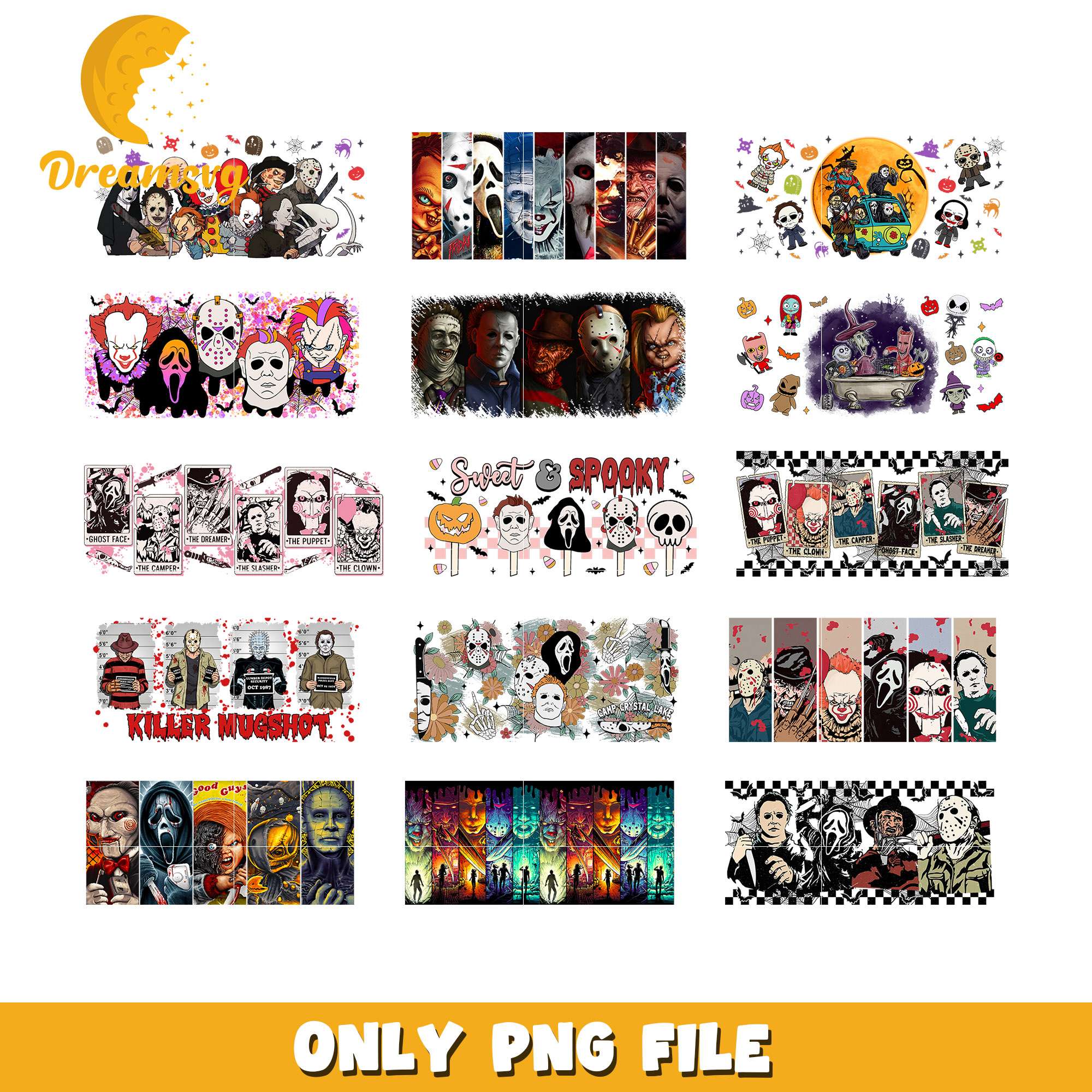 Horror movie halloween glass wrap design bundle png, horror friends​ png