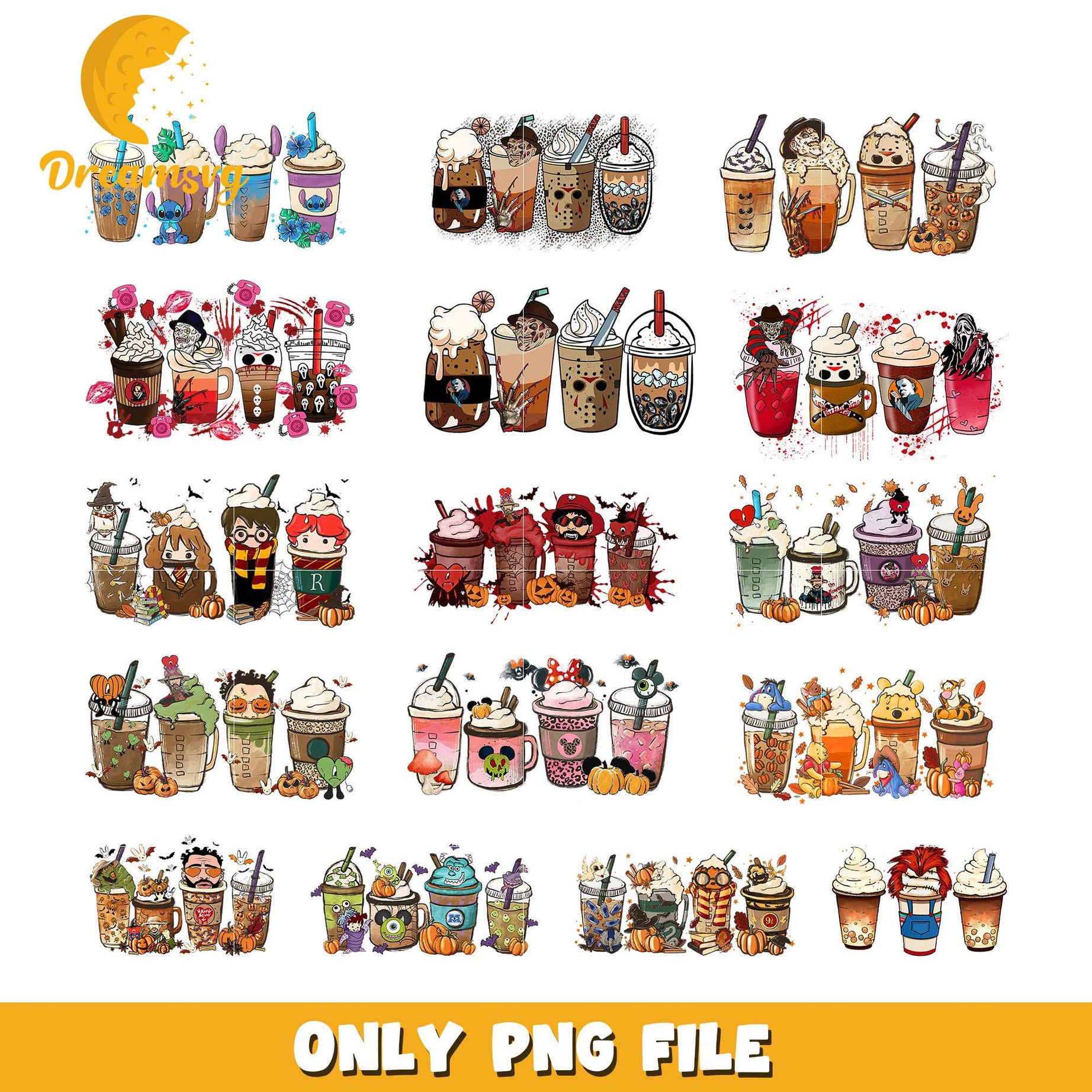 Horror coffee cup halloween design bundle png, halloween coffee​ png