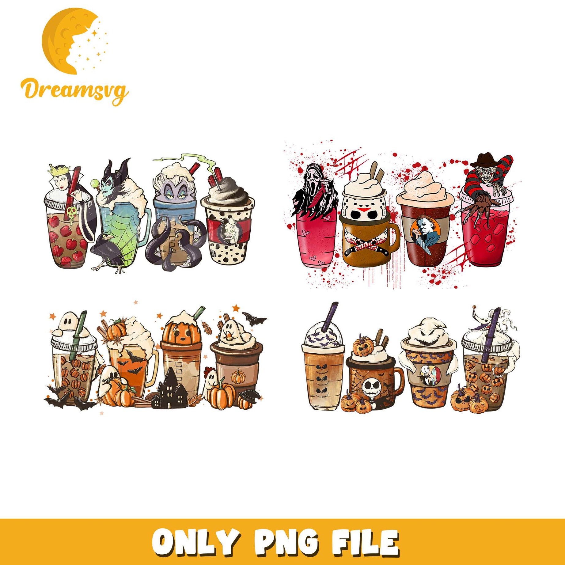 Halloween horror coffee design bundle png, halloween coffee cup​ png