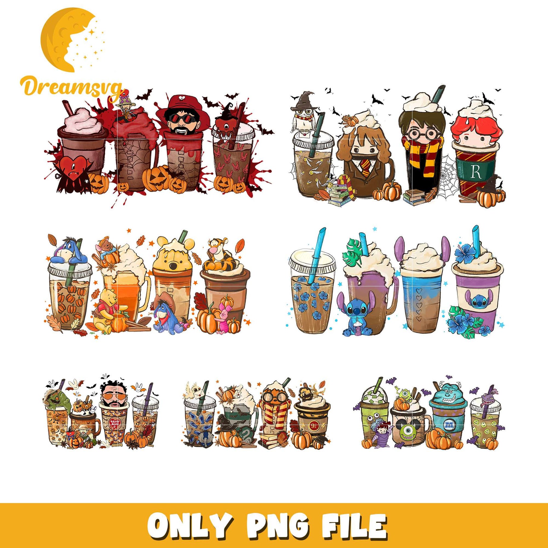 Cartoon coffee cup halloween design bundle png, bad bunny halloween​ png