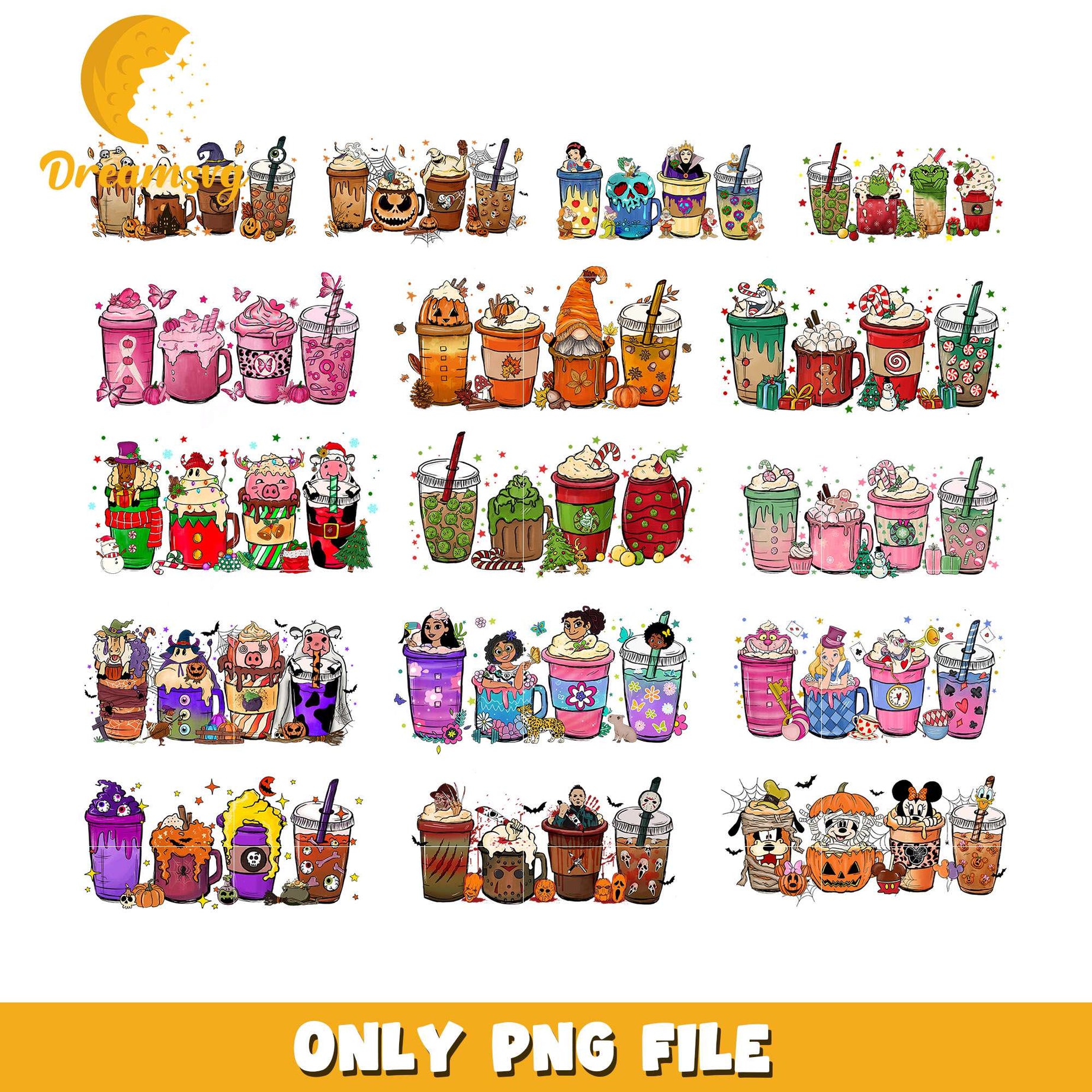 Disney coffee cup halloween design bundle png, halloween coffee cups​ png