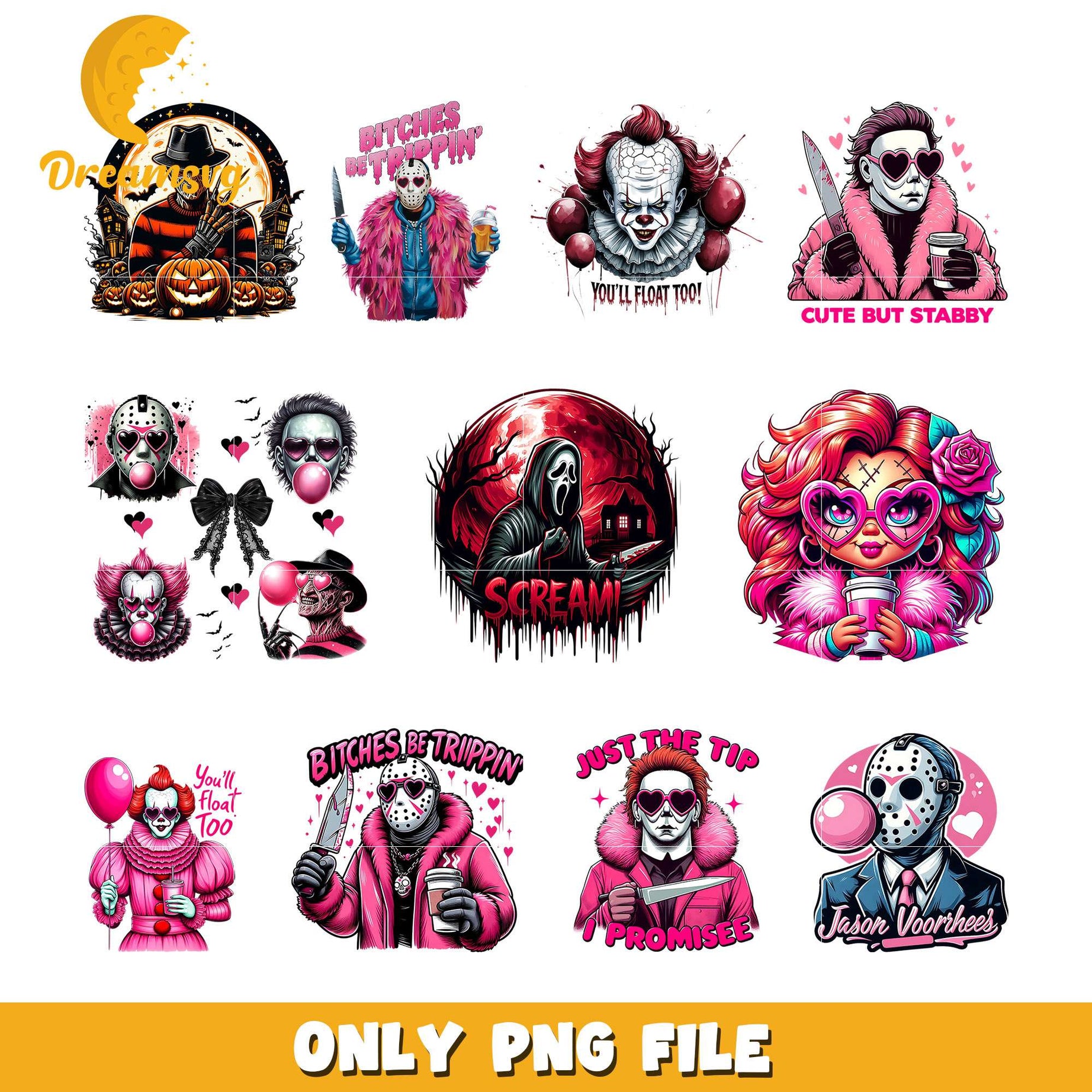 Pink horror halloween design bundle png, horror movies characters​ png