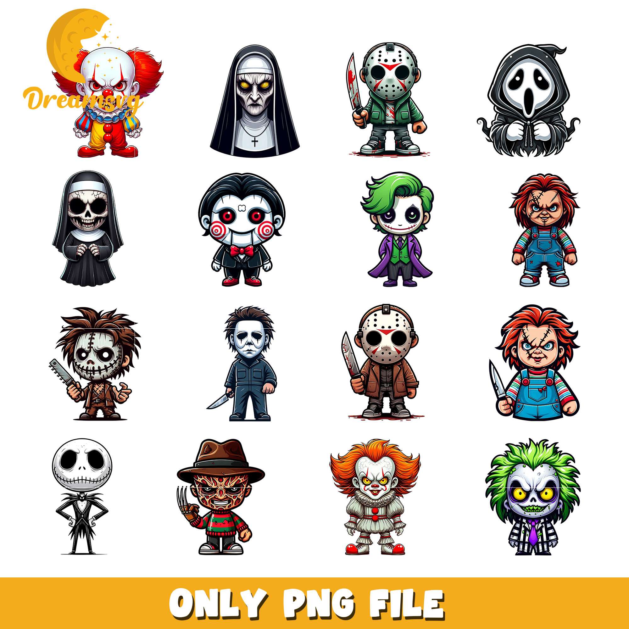 Chibi horror characters design bundle png, all horror characters​ png