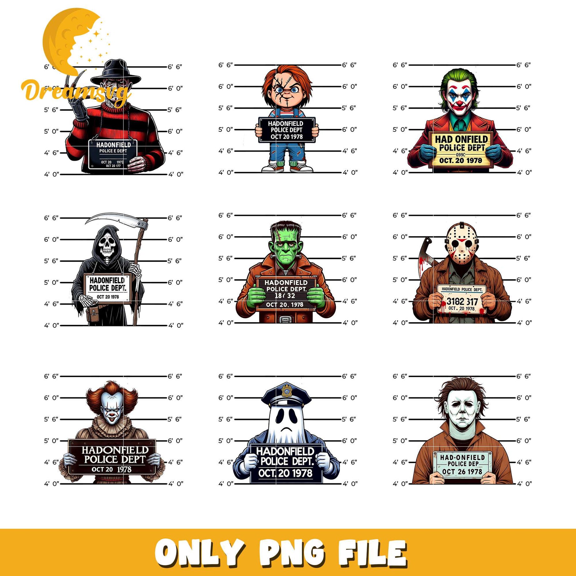 Horror characters felon design bundle png, horror film characters​ png