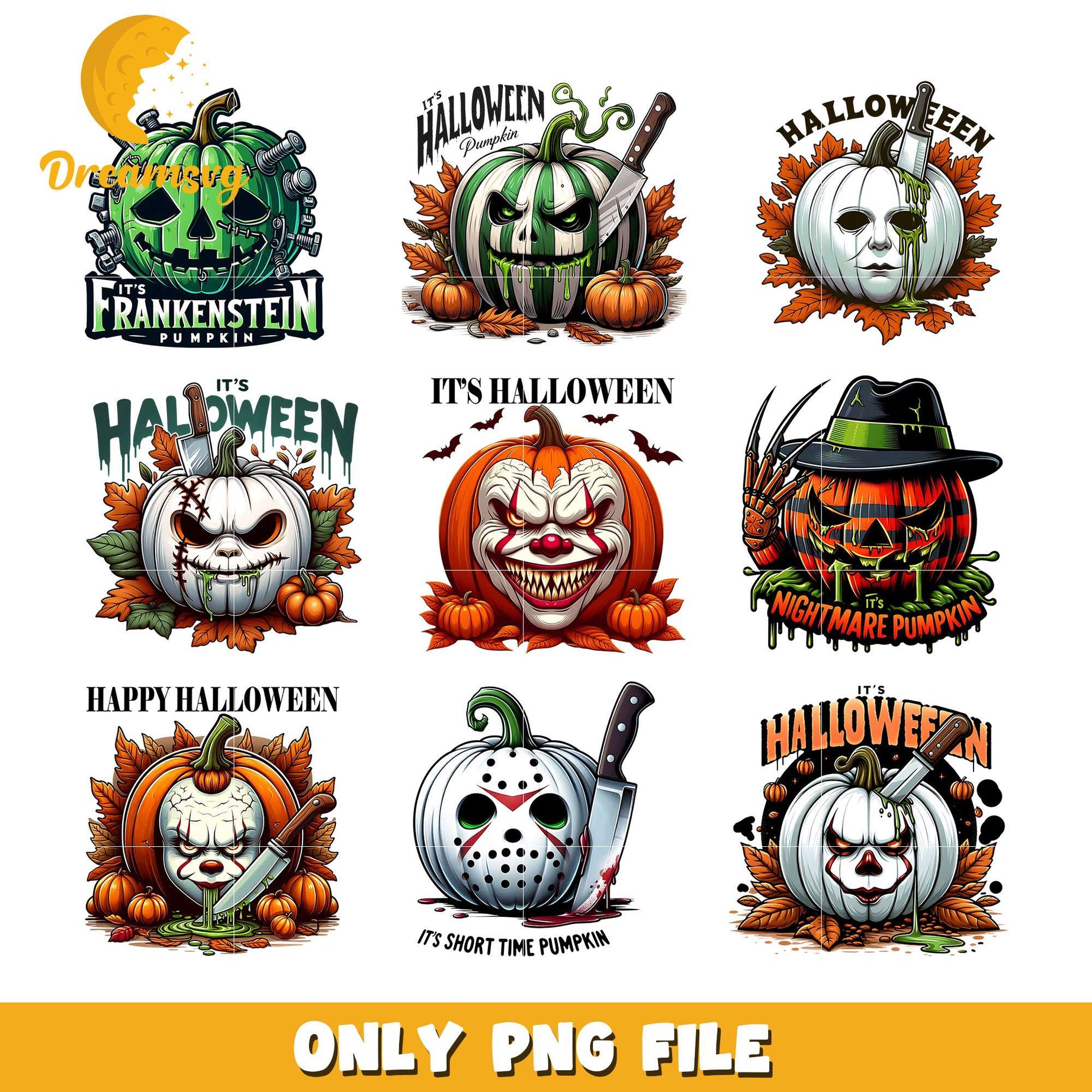 Horror face pumpkin design bundle png, horror movie halloween​ png