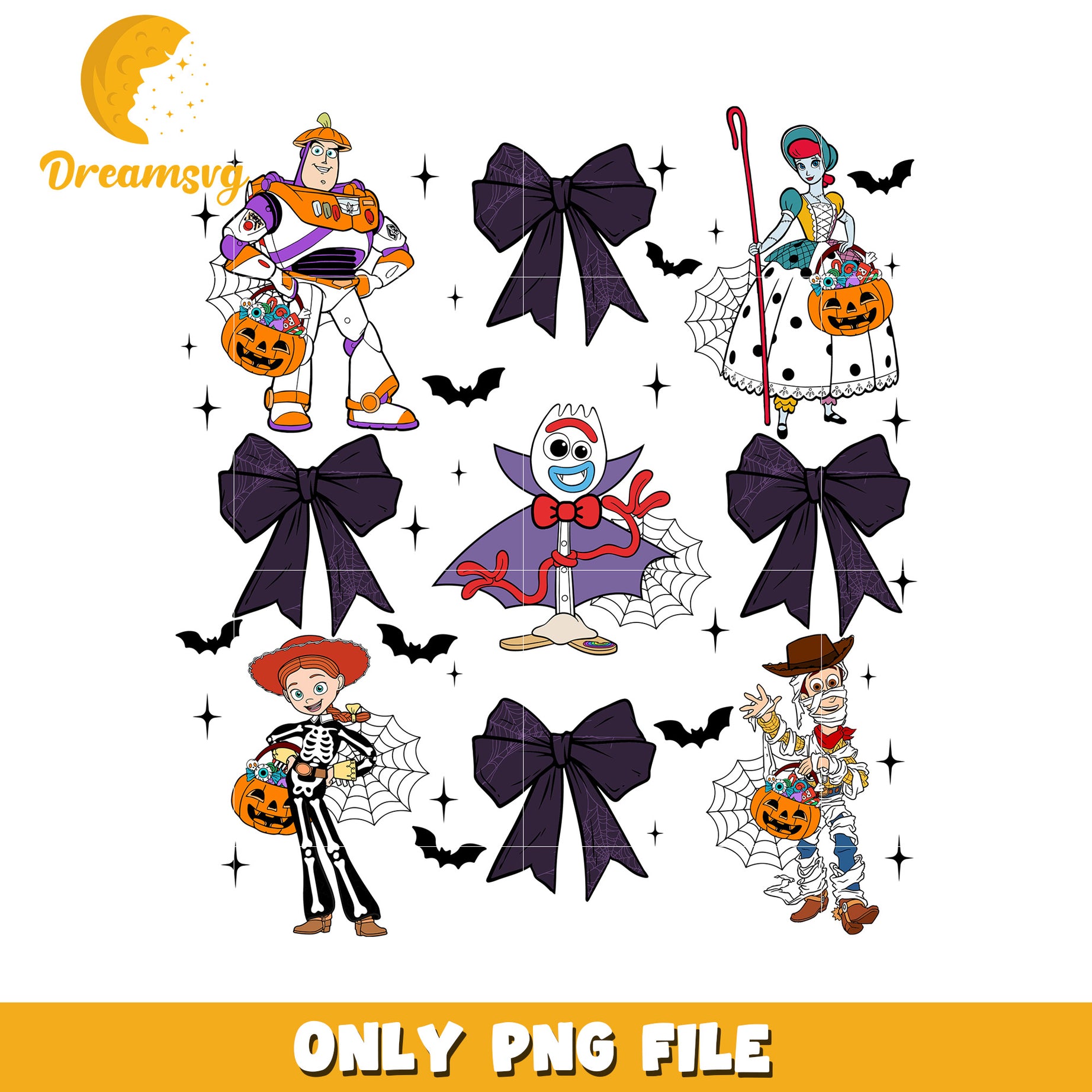 Halloween Character PNG Designs with Bows and Bats