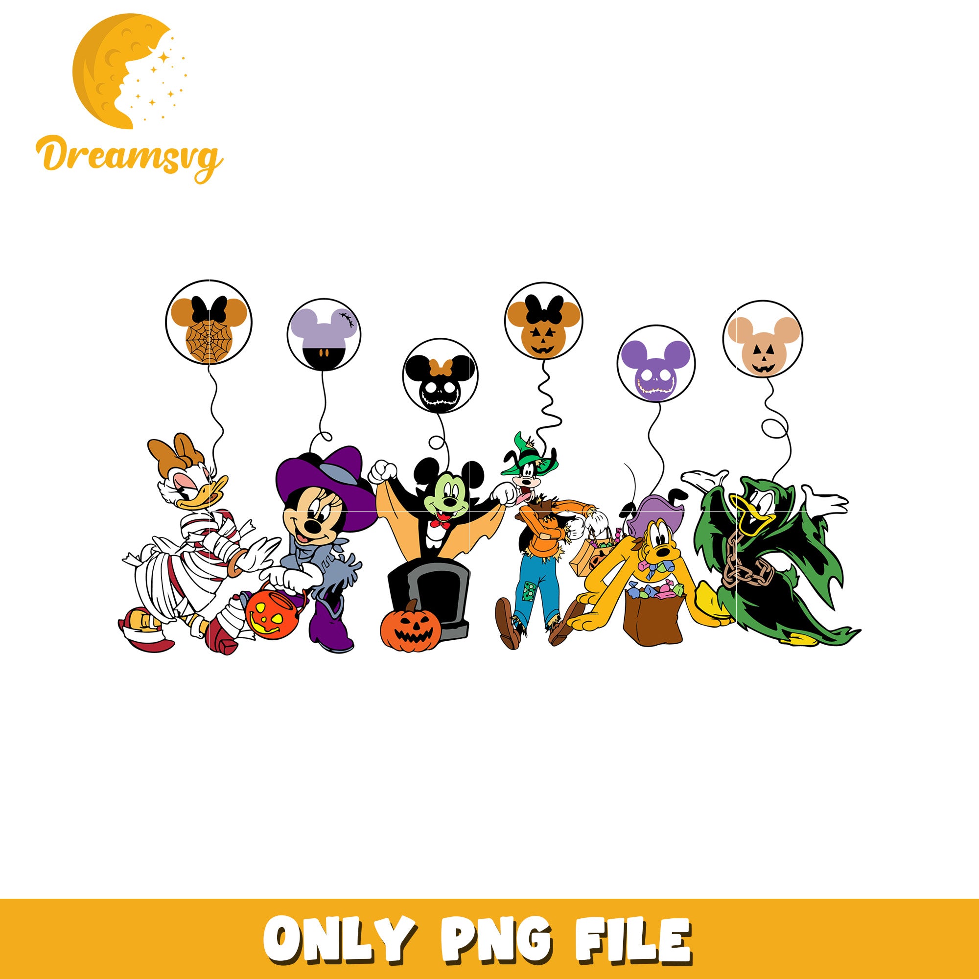 Halloween Disney Characters with Balloons PNG File
