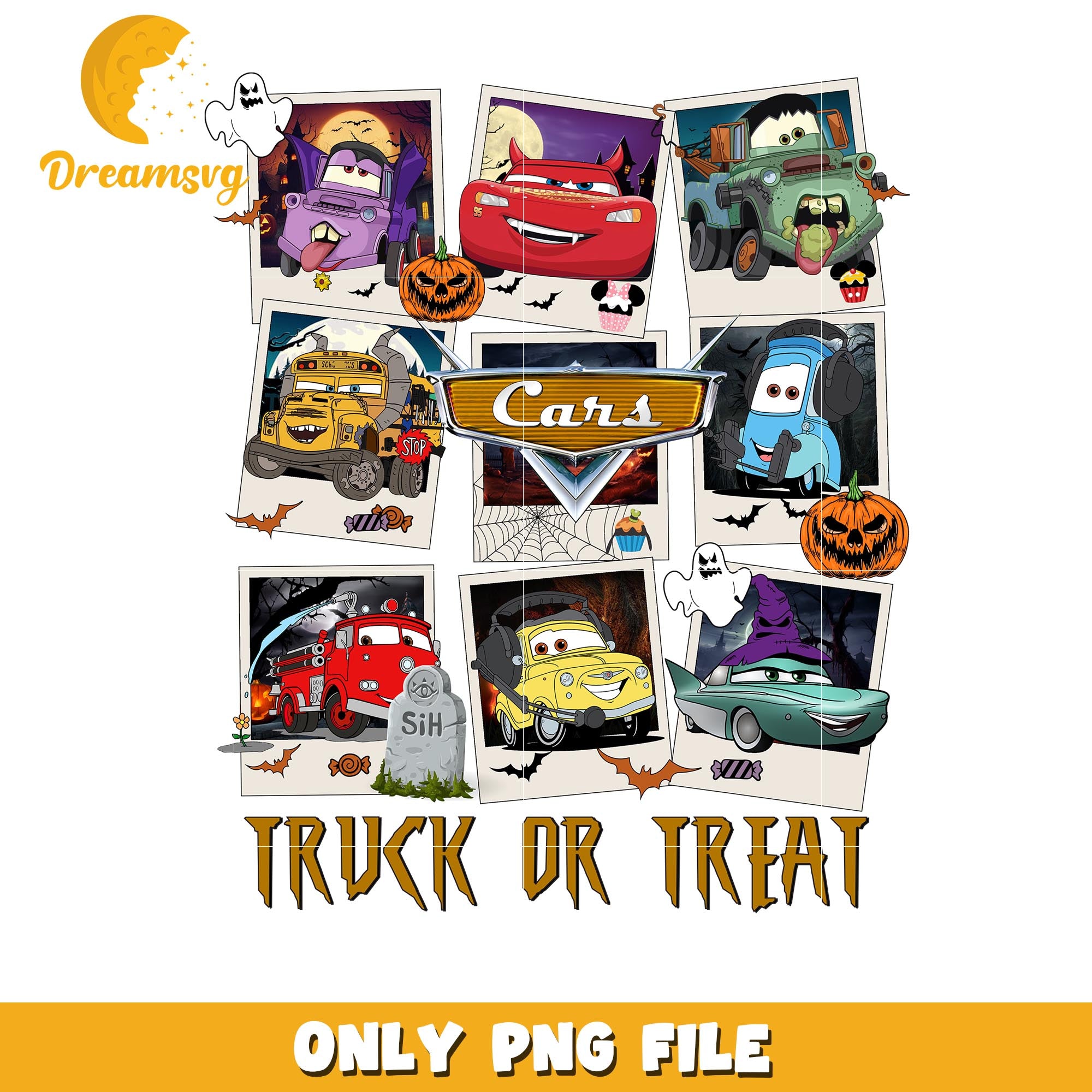 Halloween Cars characters cards png, Disney Pixar truck or treat cartoon characters png