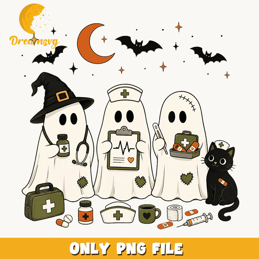 Halloween Ghost Nurse Trio With Black Cat PNG, Boo Crew, Halloween PNG