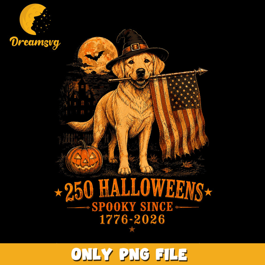 Halloween Golden Retriever Witch Hat American Flag PNG, 250 Halloweens