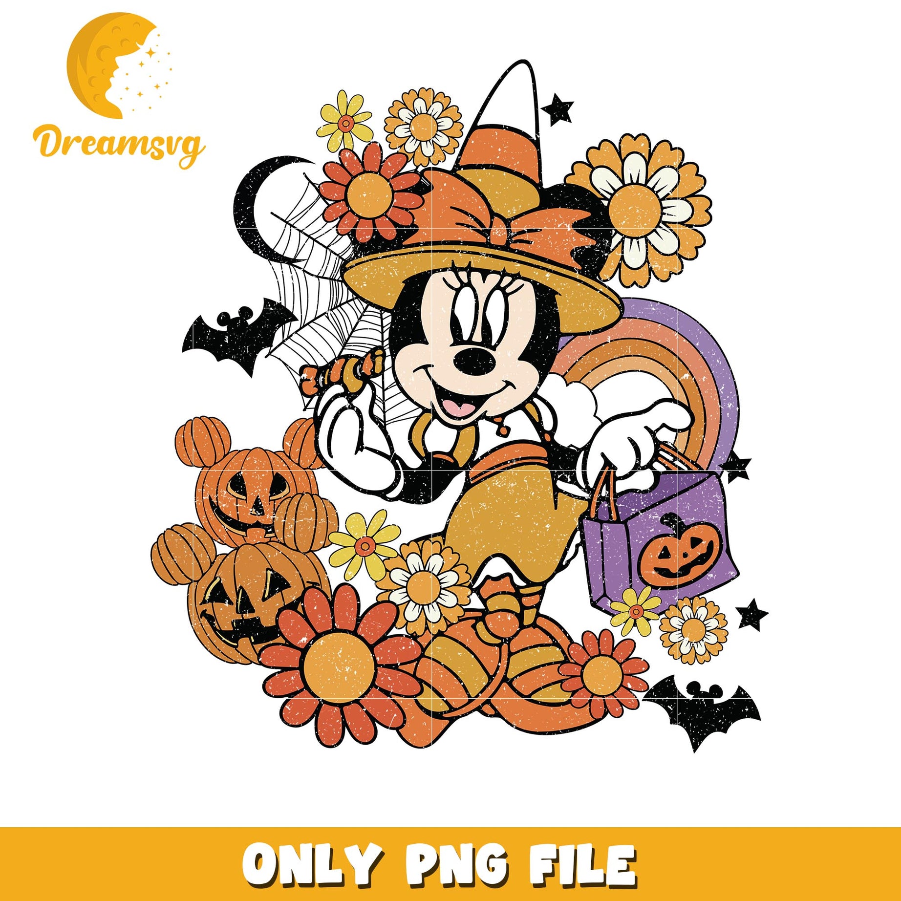 Halloween Minnie fall floral vibes png, Disney friends halloween vibes png