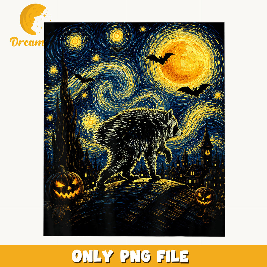 Halloween Raccoon Starry Night PNG, Spooky Van Gogh, Halloween PNG
