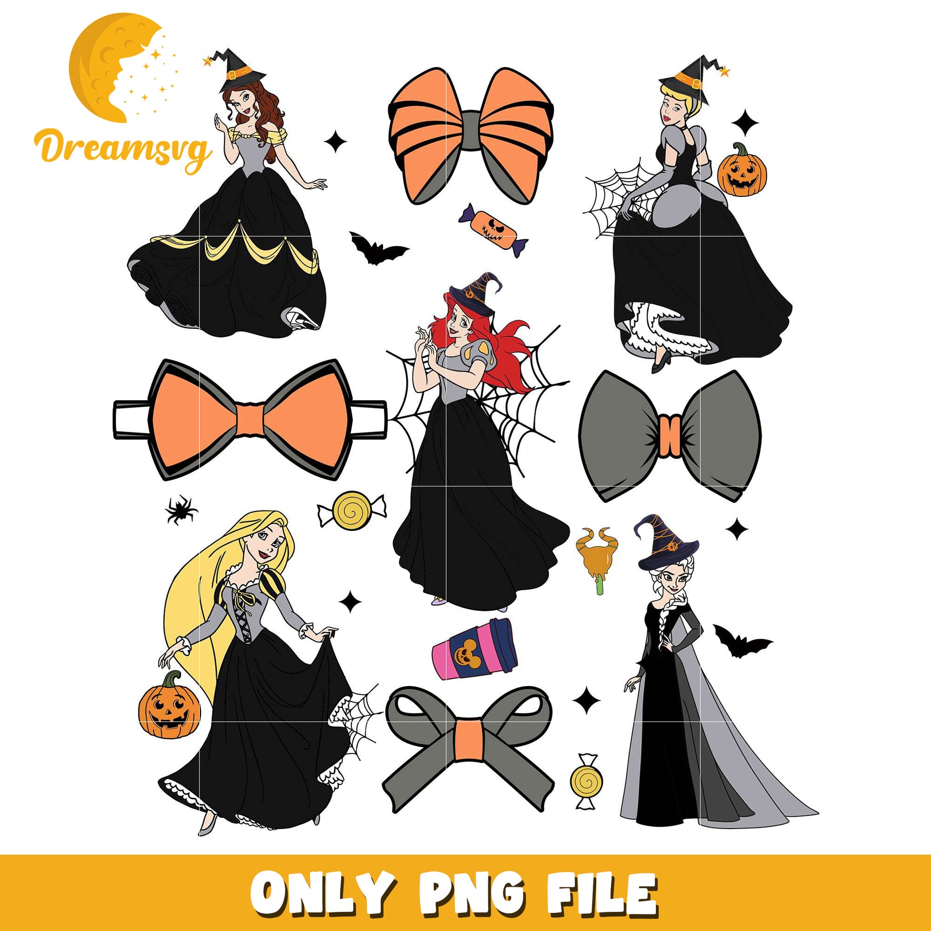 Halloween disney princesses png, halloween characters​ png, halloween design png