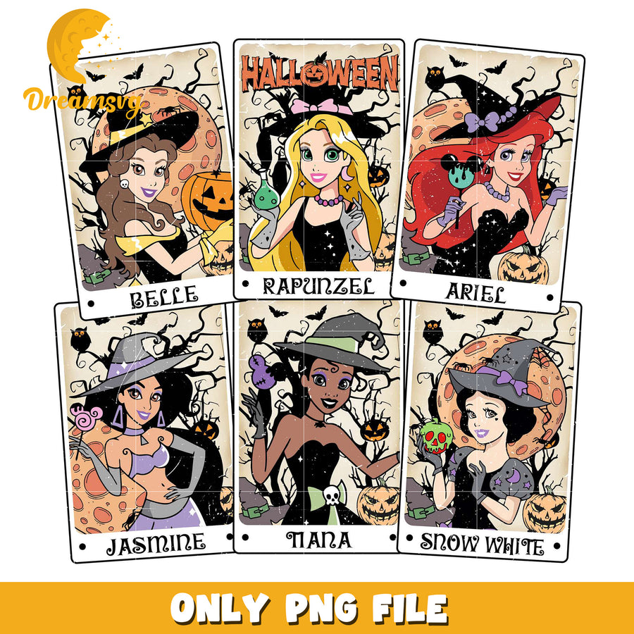 Halloween disney princesses stamp png, halloween characters​ png, halloween design png
