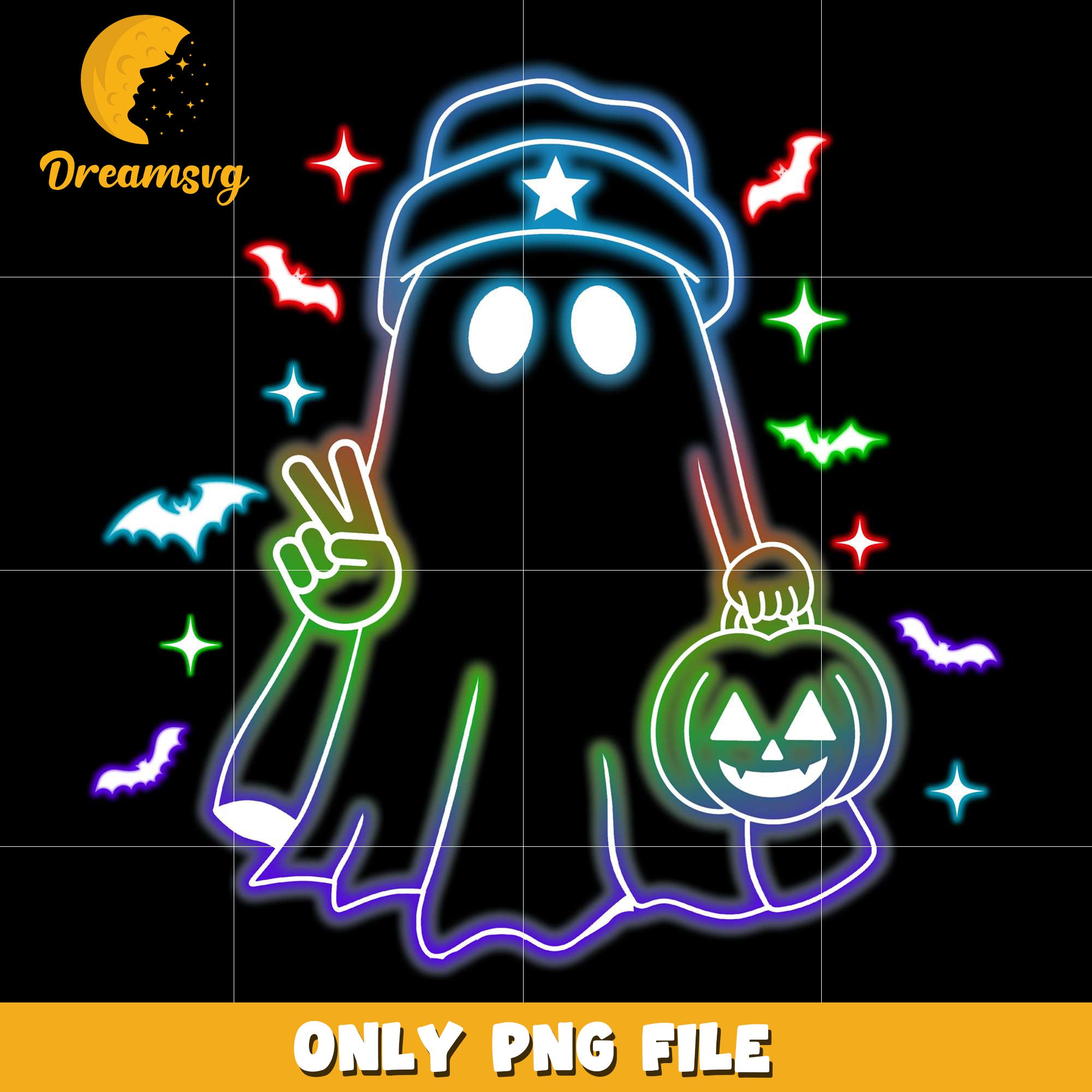 Halloween ghost design neon png, spooky season​ png, halloween pumpkin png