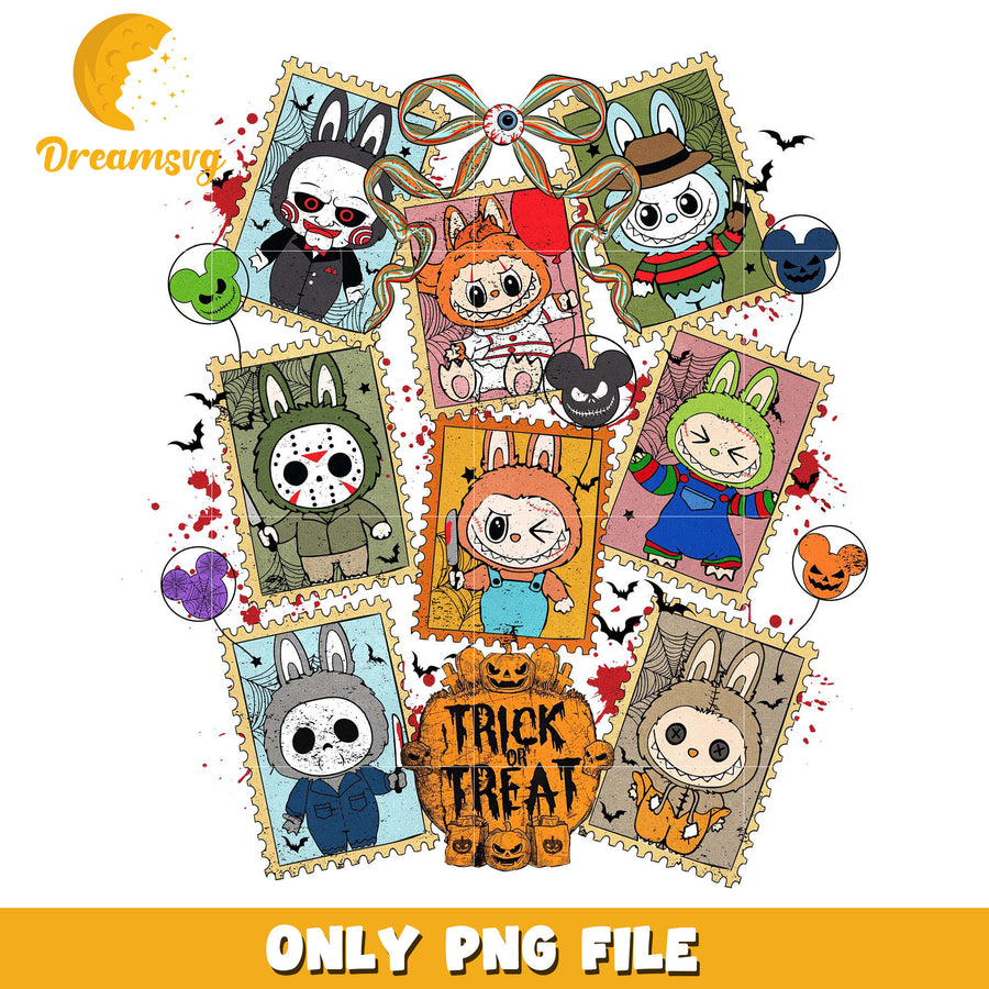 Halloween labubu killers stamp png, halloween store​ png, halloween movies​ png