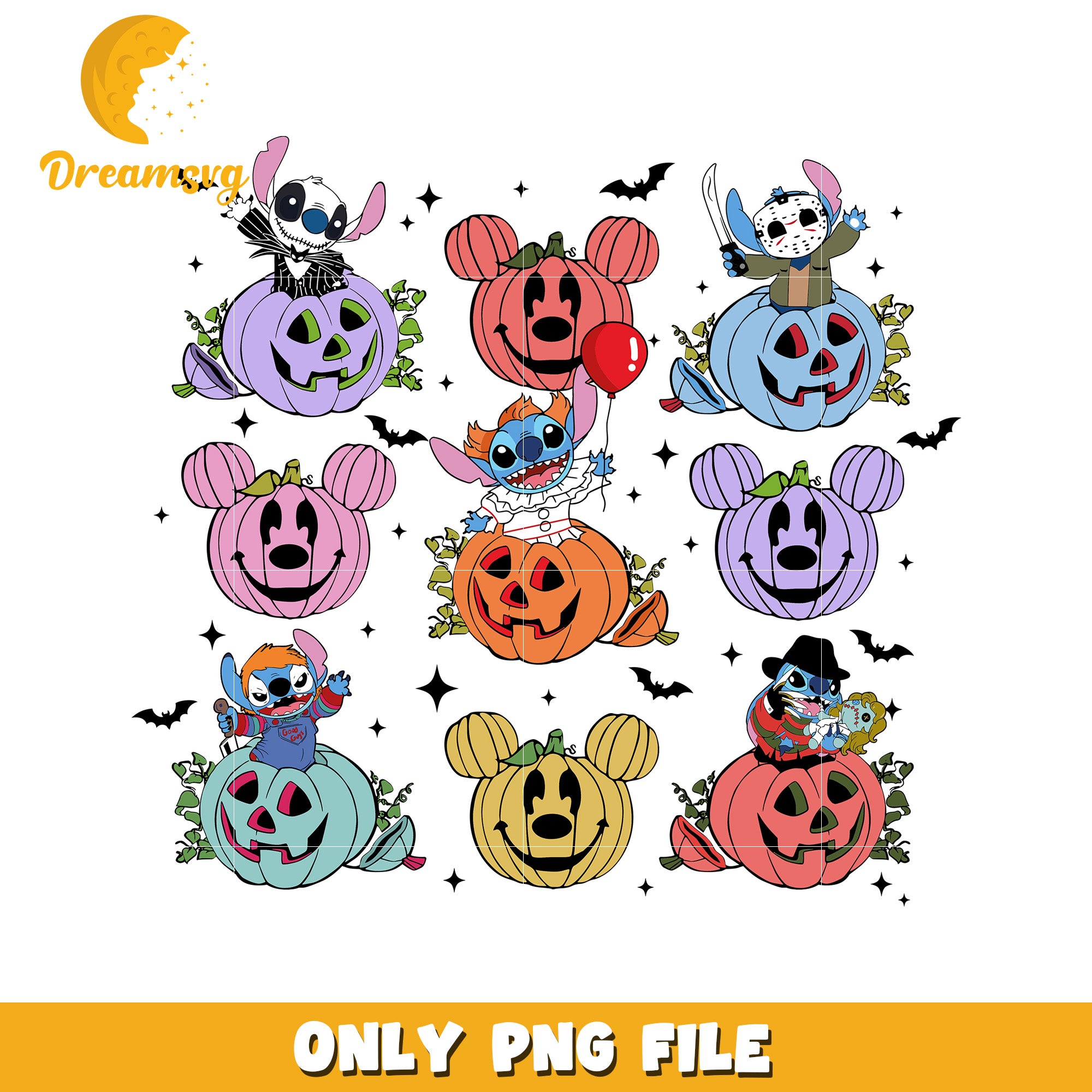 Halloween pumpkin stitch png, halloween toys png, halloween characters png