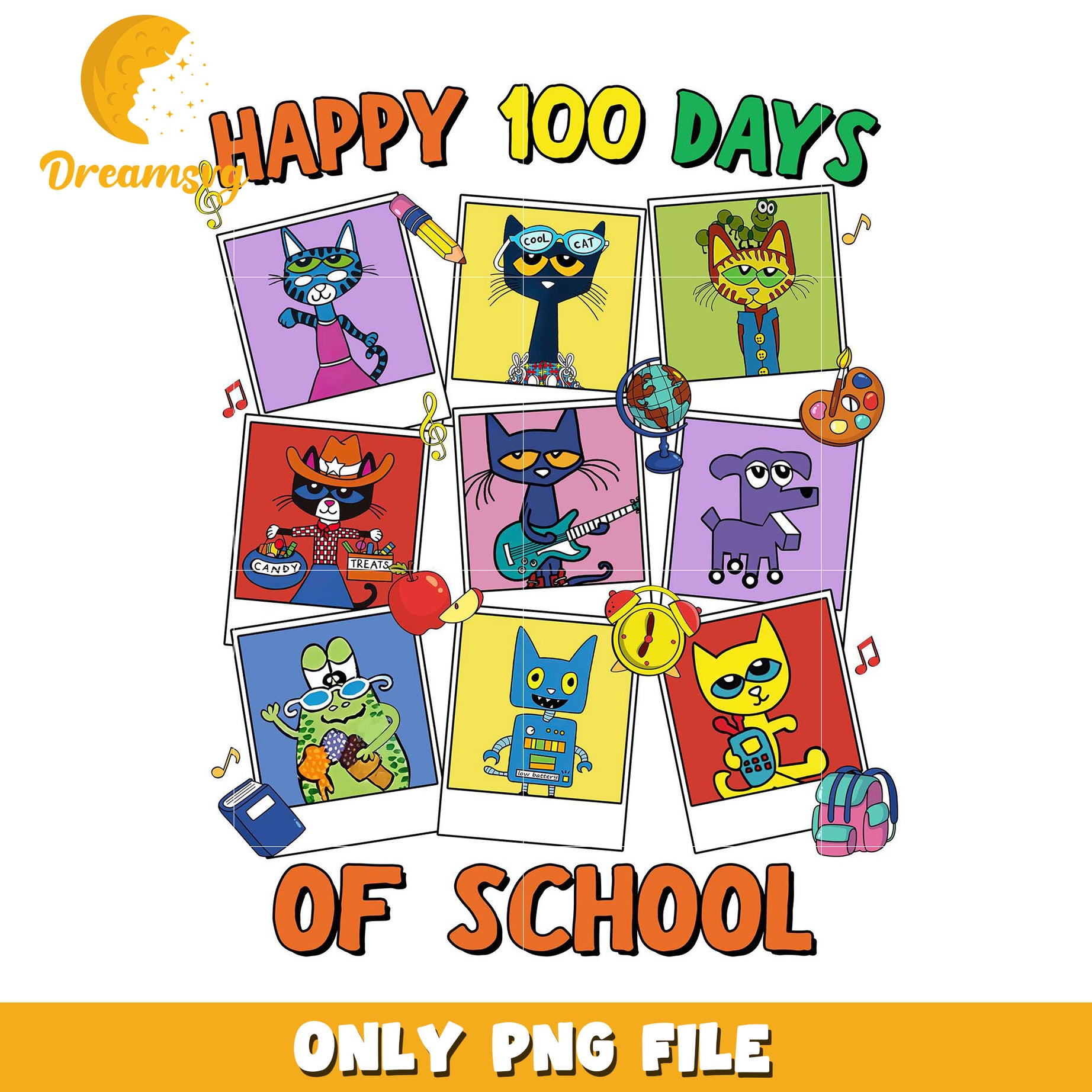 Happy 100 Days of School Cat Art PNG File Download