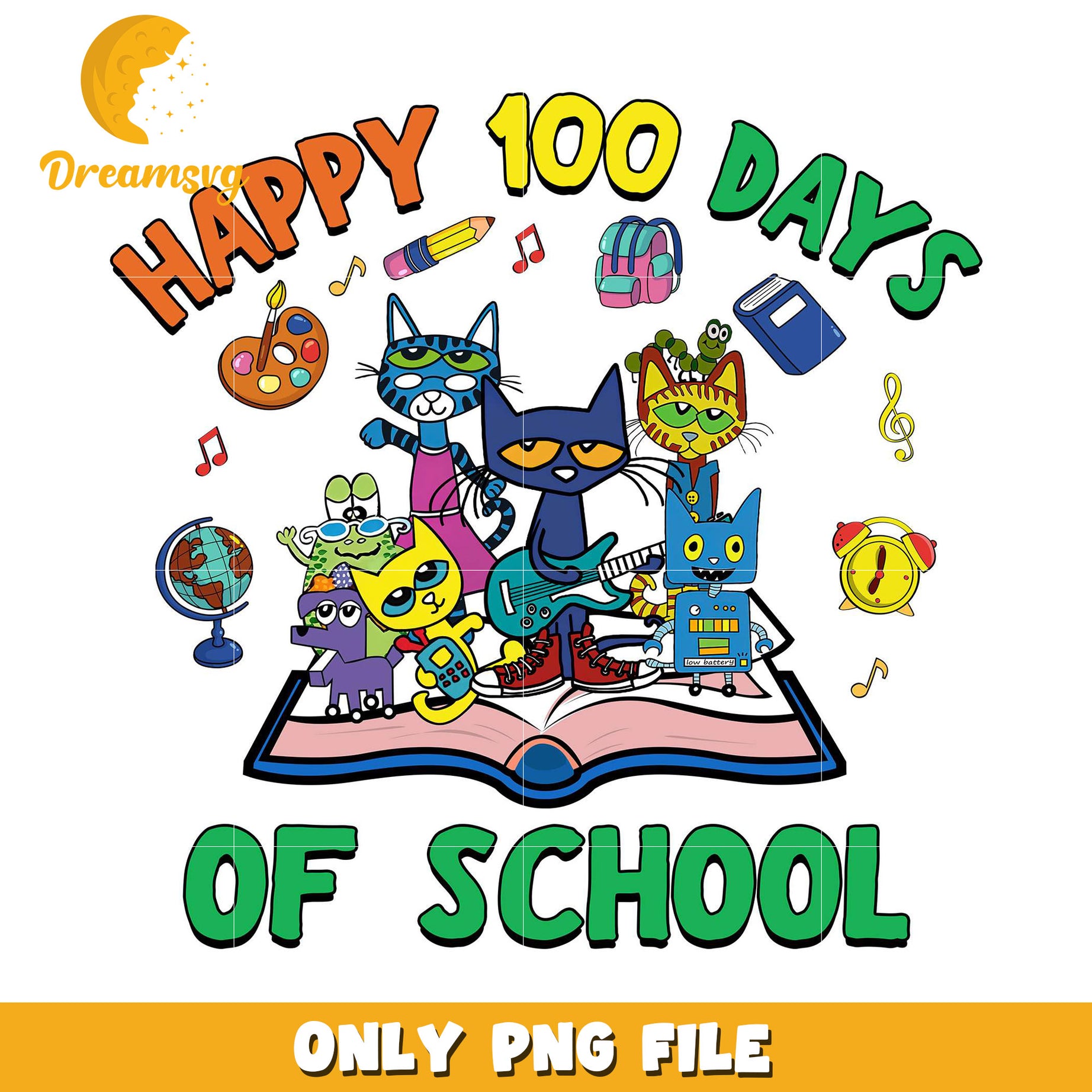 Happy 100 Days of School Cute Cat PNG Design File