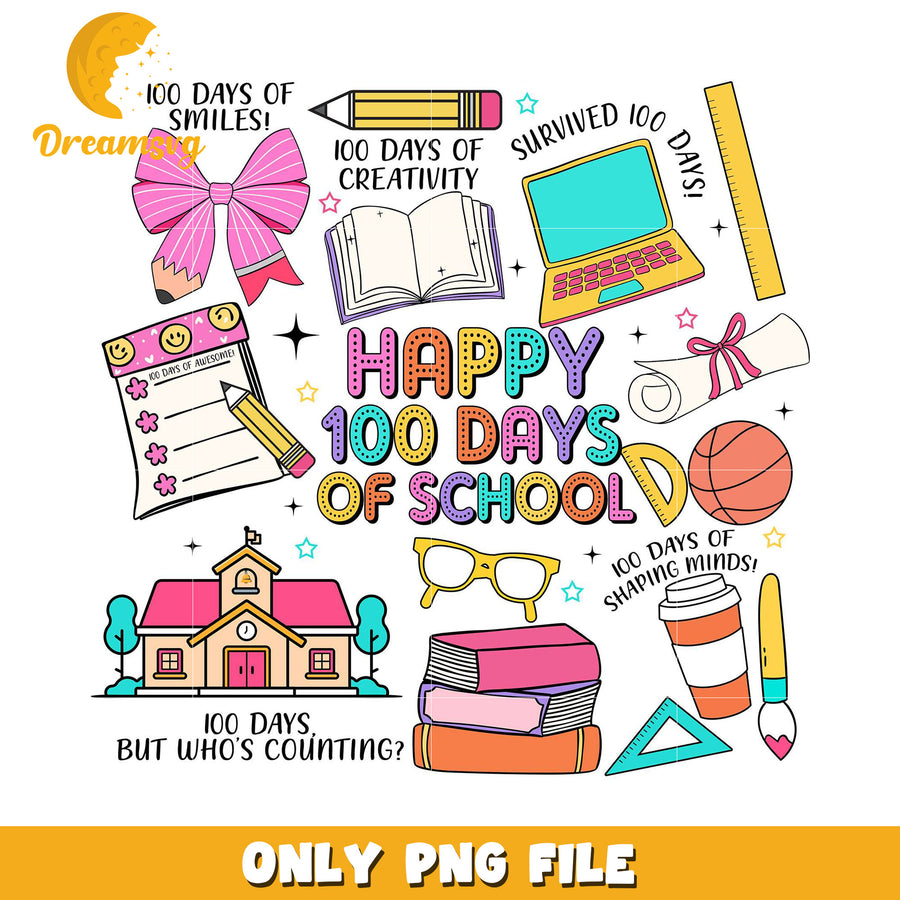Happy 100 Days of School Fun PNG Graphic Design File