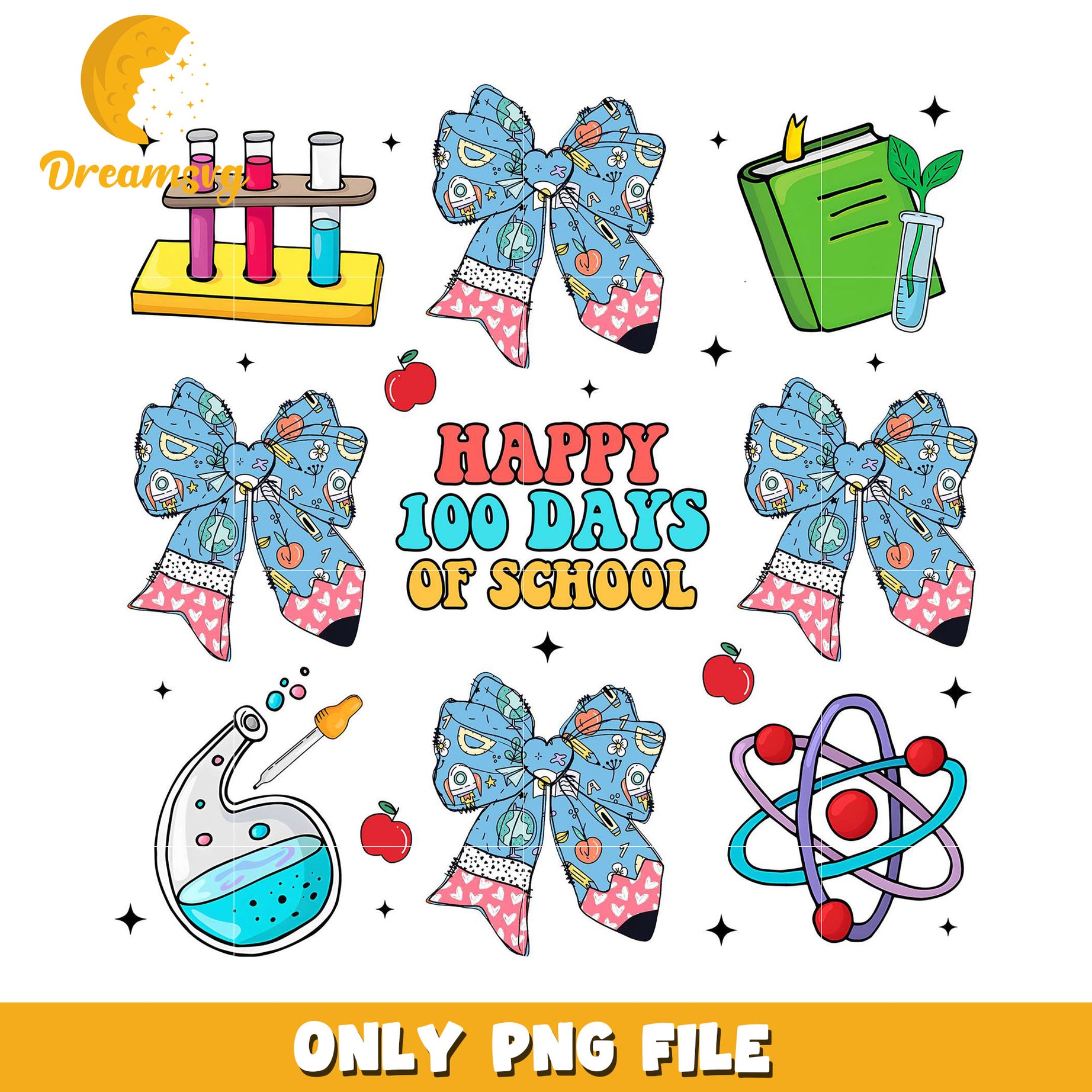 Happy 100 Days of School PNG Cute Bows and Science Icons