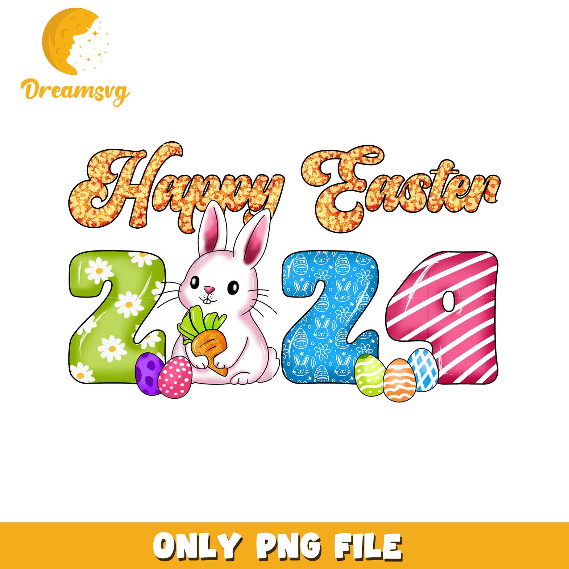 Happy Easter 2024 Colorful Bunny and Egg PNG Design